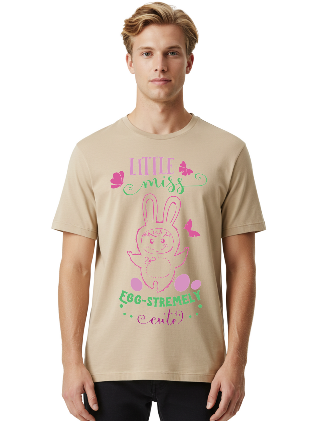 Little-Egg-Stra-Cute Men'S Graphic Tee, 100% Cotton, Comfortable Casual Summer Wear, Machine Washable, Easter Bunny, Cute Cartoon Character, Eggs-Travagant Design, Easter Eggs, Pastel Colors, Whimsical Illustration, Bunny Love, Spring Theme, Aac953