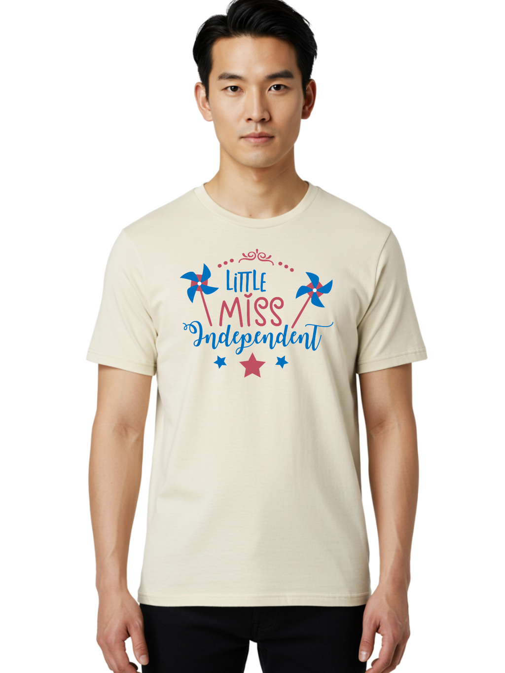 Little-Miss-Independent Men'S Graphic Tee, 100% Cotton, Comfortable Casual Summer Wear, Machine Washable, 4Th Of July, Independence Day, Little Miss Independent, Pinwheels, Stars, Patriotic Theme, Kids Design, Pink And Blue Colors, Aac957