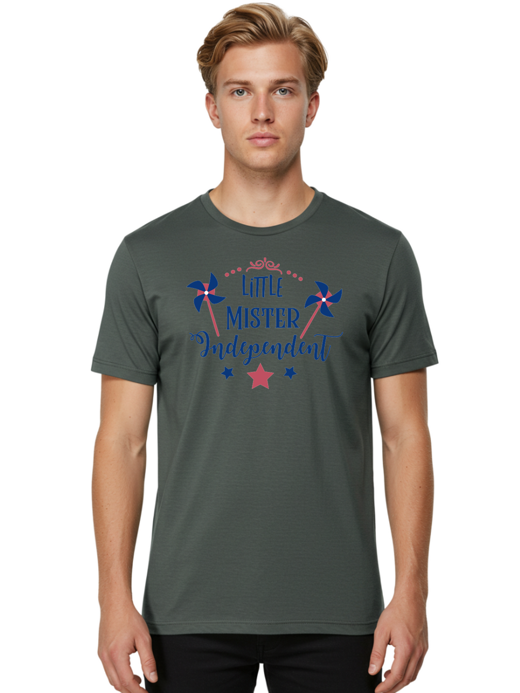 Little-Mister-Independent Men'S Graphic Tee, 100% Cotton, Comfortable Casual Summer Wear, Machine Washable, Independence, Little Mister, Children'S Party, Birthday Celebration, Pink And Blue Decorations, Star Symbols, Pinwheel Graphics, Aac959