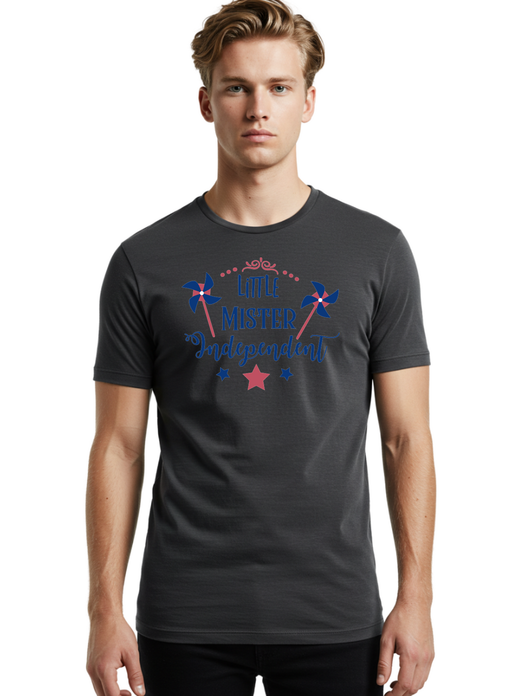 Little-Mister-Independent Men'S Graphic Tee, 100% Cotton, Comfortable Casual Summer Wear, Machine Washable, Independence, Little Mister, Children'S Party, Birthday Celebration, Pink And Blue Decorations, Star Symbols, Pinwheel Graphics, Aac959