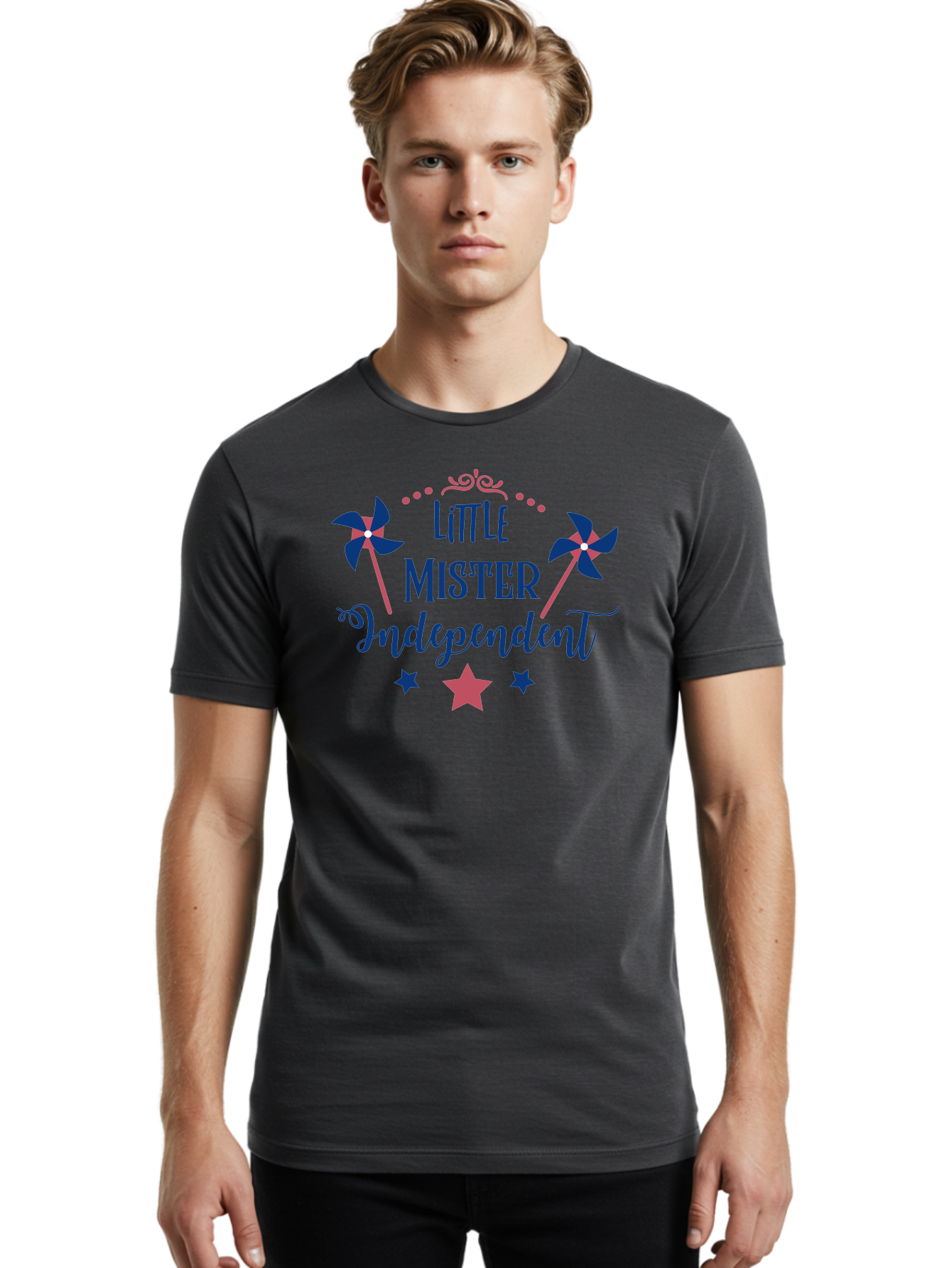 Little-Mister-Independent Men'S Graphic Tee, 100% Cotton, Comfortable Casual Summer Wear, Machine Washable, Independence, Little Mister, Children'S Party, Birthday Celebration, Pink And Blue Decorations, Star Symbols, Pinwheel Graphics, Aac959
