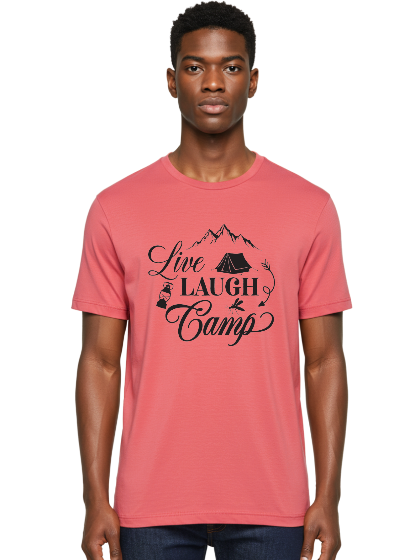 Live-Laugh-Camp Men'S Graphic Tee, 100% Cotton, Comfortable Casual Summer Wear, Machine Washable, Camping Adventure, Outdoor Fun, Tent, Mountains, Lantern, Mosquito, Campfire, Nature Escape, Wilderness Experience, Outdoor Recreation Aac961