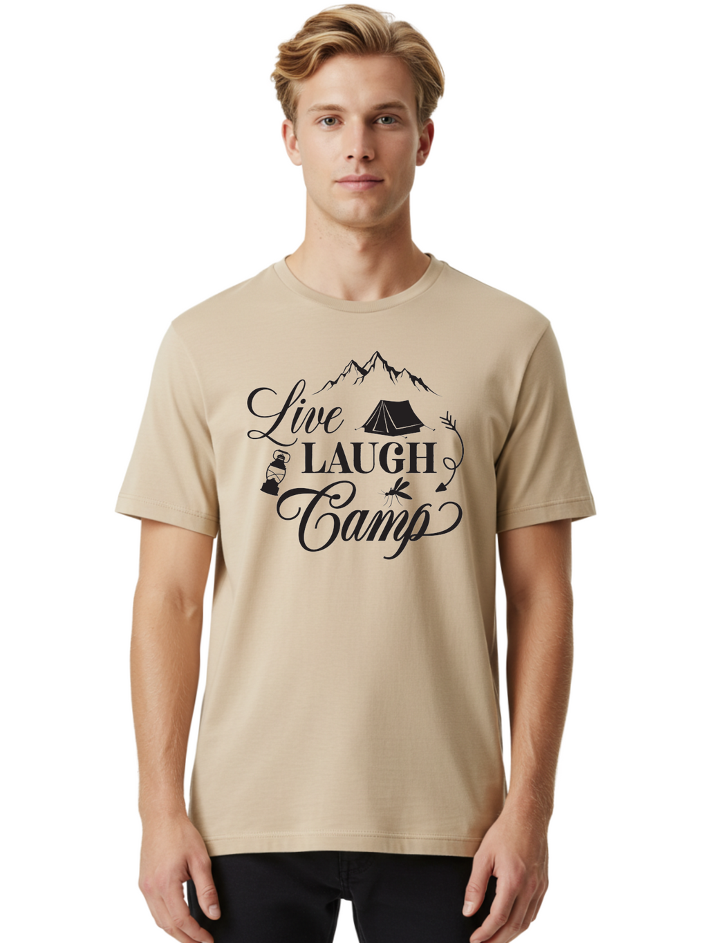 Live-Laugh-Camp Men'S Graphic Tee, 100% Cotton, Comfortable Casual Summer Wear, Machine Washable, Camping Adventure, Outdoor Fun, Tent, Mountains, Lantern, Mosquito, Campfire, Nature Escape, Wilderness Experience, Outdoor Recreation Aac961