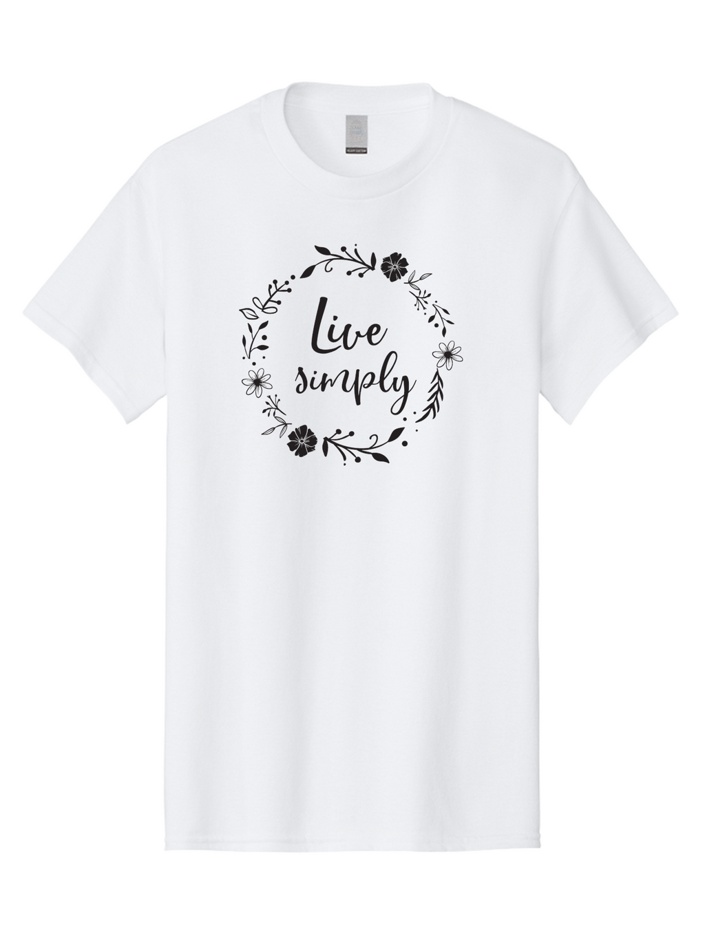 Live-Simply Men'S Graphic Tee, 100% Cotton, Comfortable Casual Summer Wear, Machine Washable, Floral Wreath, Inspiring Quote, Simple Living, Minimalist Lifestyle, Motivational Message, Black Ink, Elegant Script, Flowers And Leaves Aac964