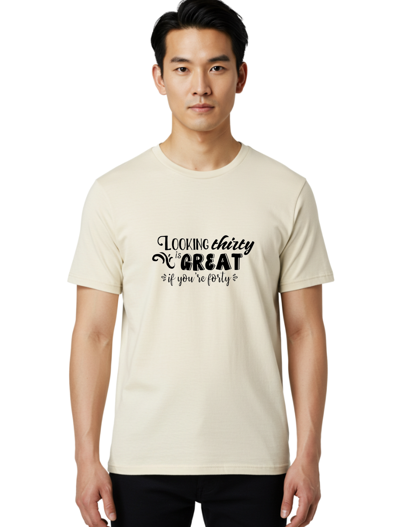 Looking-Thirty-Is-Great-If-You-Re-Forty Men'S Graphic Tee, 100% Cotton, Comfortable Casual Summer Wear, Machine Washable, Funny Quote, Humorous Saying, Age Joke, Witty Phrase, Clever Humor, Sassy Quote, Funny T-Shirt Design, Funny Saying Aac968