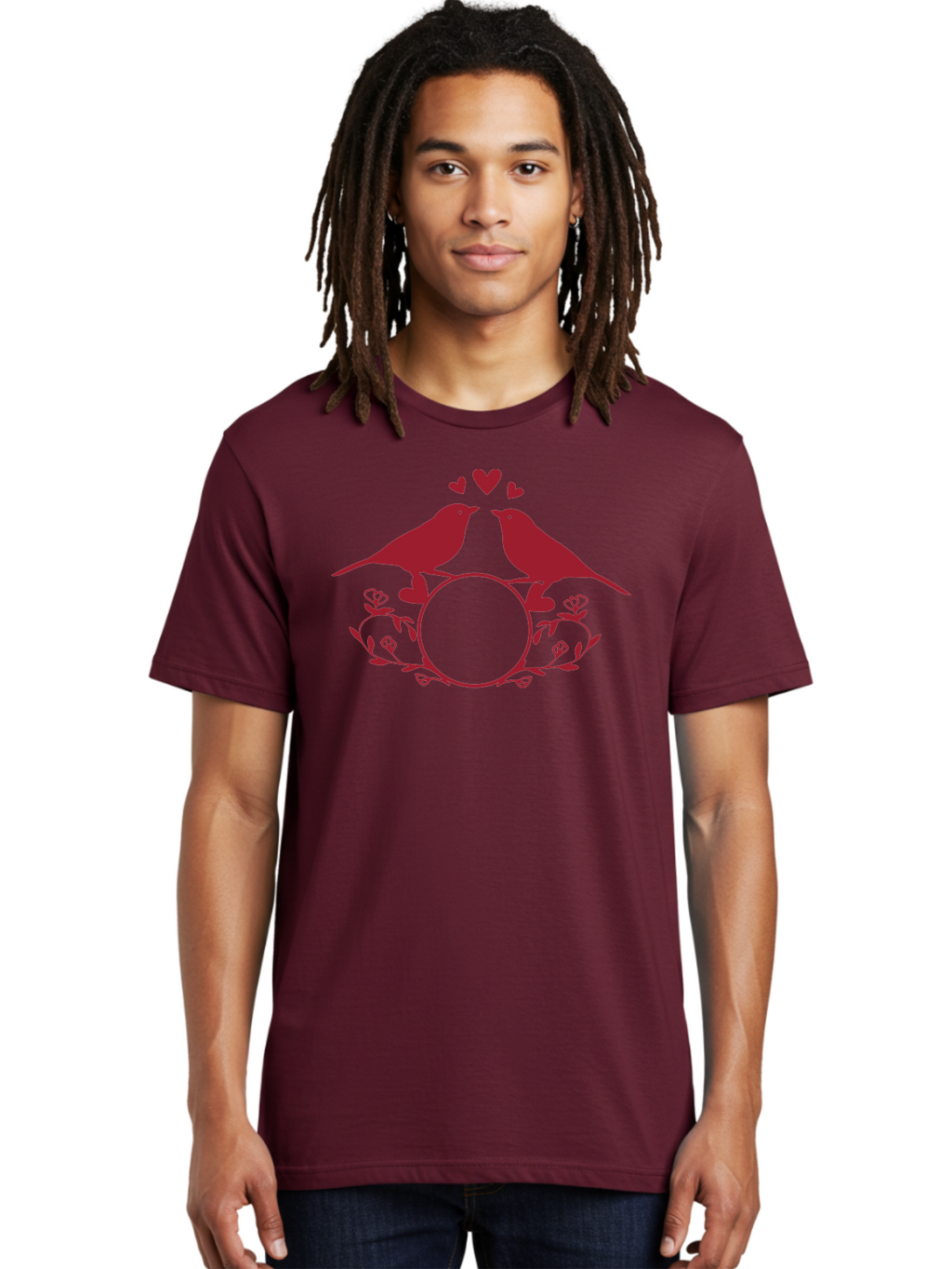 Love-Birds-1 Men'S Graphic Tee, 100% Cotton, Comfortable Casual Summer Wear, Machine Washable, Lovebirds Perched On Branch, Kissing, Surrounded By Hearts, Floral Wreath, Love Symbol, Romance, Tender Moment, Sweethearts, Couple Love Aac971