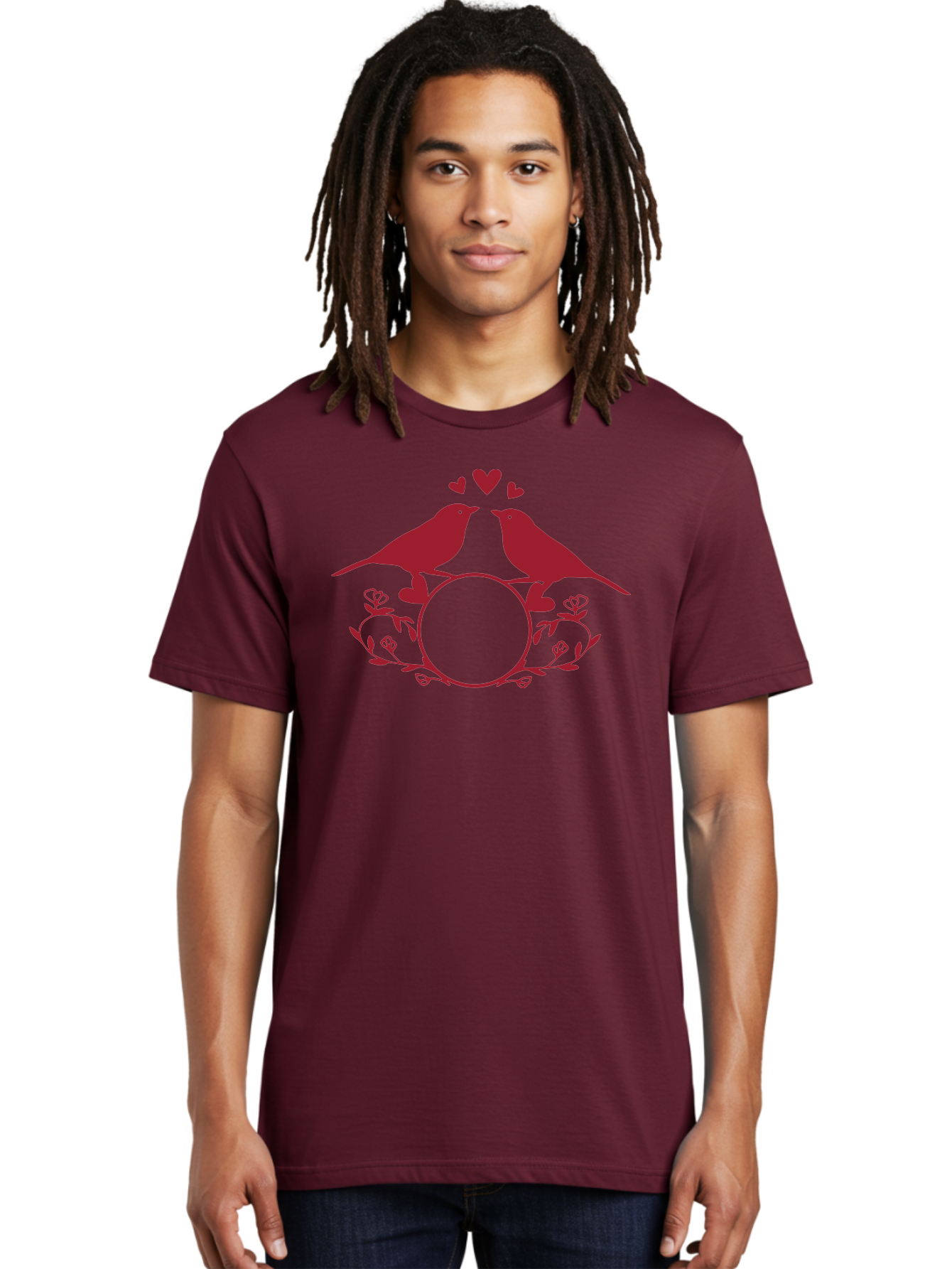 Love-Birds-1 Men'S Graphic Tee, 100% Cotton, Comfortable Casual Summer Wear, Machine Washable, Lovebirds Perched On Branch, Kissing, Surrounded By Hearts, Floral Wreath, Love Symbol, Romance, Tender Moment, Sweethearts, Couple Love Aac971