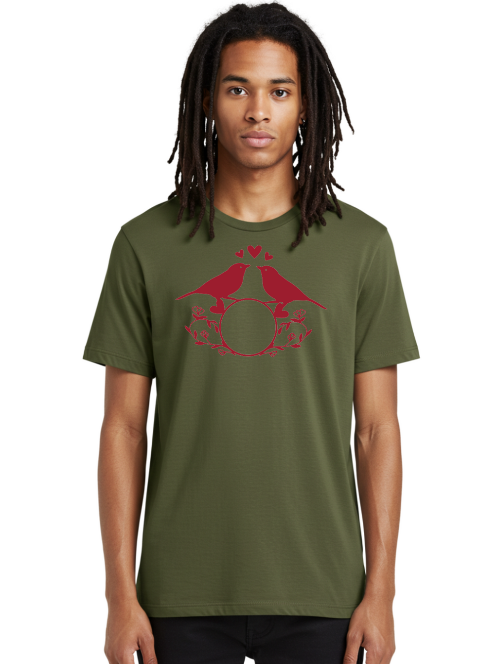 Love-Birds-1 Men'S Graphic Tee, 100% Cotton, Comfortable Casual Summer Wear, Machine Washable, Lovebirds Perched On Branch, Kissing, Surrounded By Hearts, Floral Wreath, Love Symbol, Romance, Tender Moment, Sweethearts, Couple Love Aac971