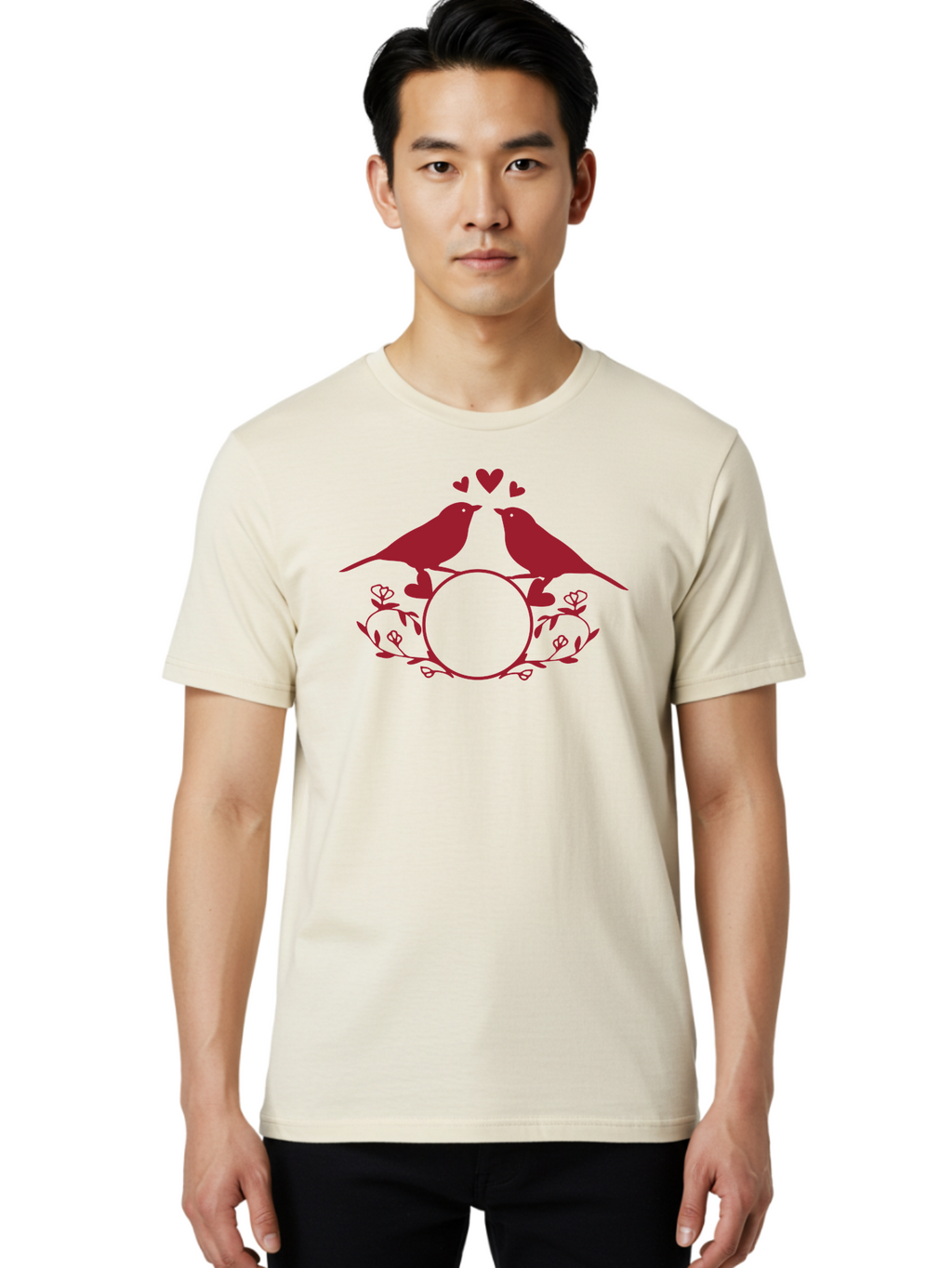 Love-Birds-1 Men'S Graphic Tee, 100% Cotton, Comfortable Casual Summer Wear, Machine Washable, Lovebirds Perched On Branch, Kissing, Surrounded By Hearts, Floral Wreath, Love Symbol, Romance, Tender Moment, Sweethearts, Couple Love Aac971