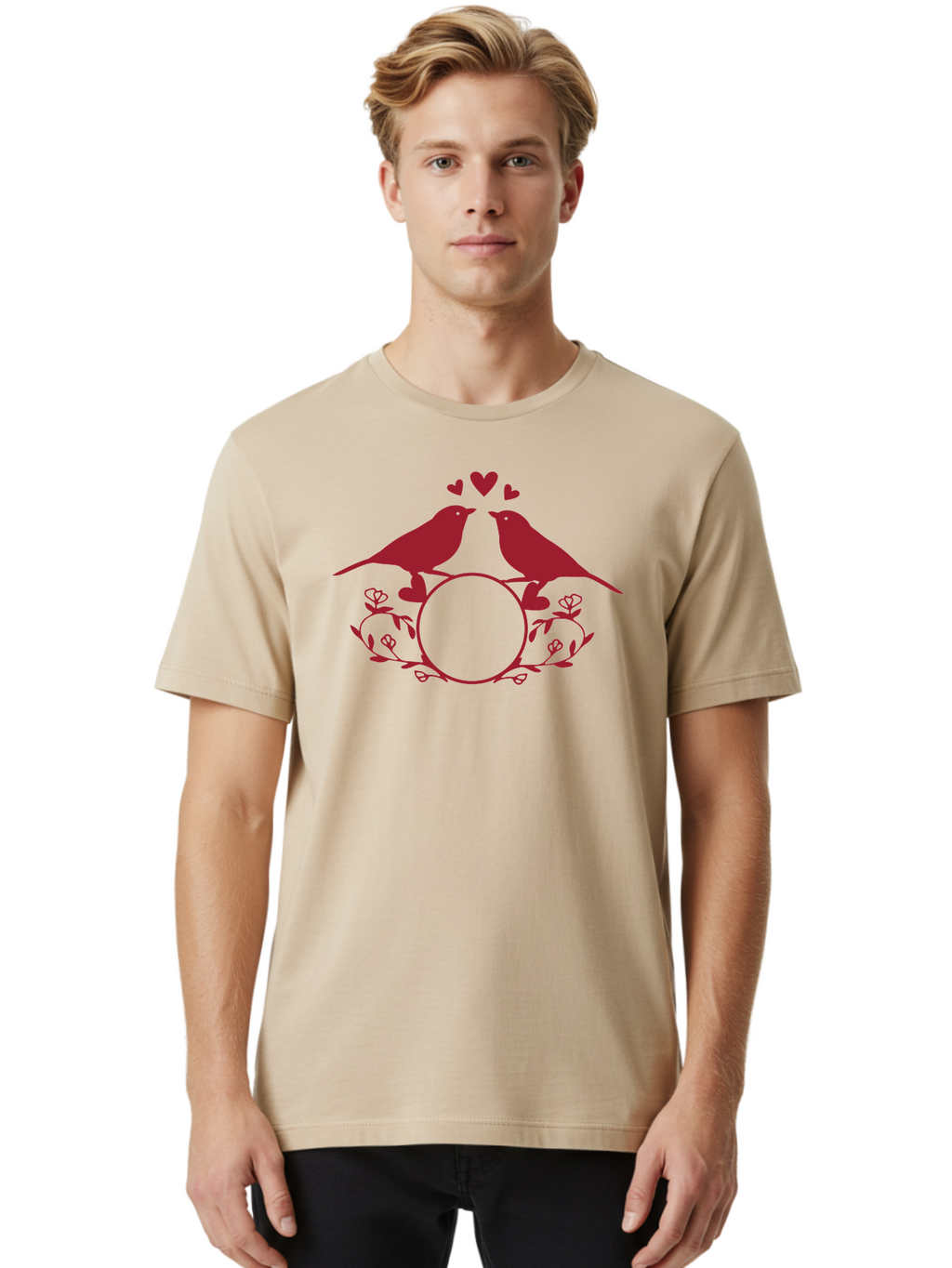 Love-Birds-1 Men'S Graphic Tee, 100% Cotton, Comfortable Casual Summer Wear, Machine Washable, Lovebirds Perched On Branch, Kissing, Surrounded By Hearts, Floral Wreath, Love Symbol, Romance, Tender Moment, Sweethearts, Couple Love Aac971
