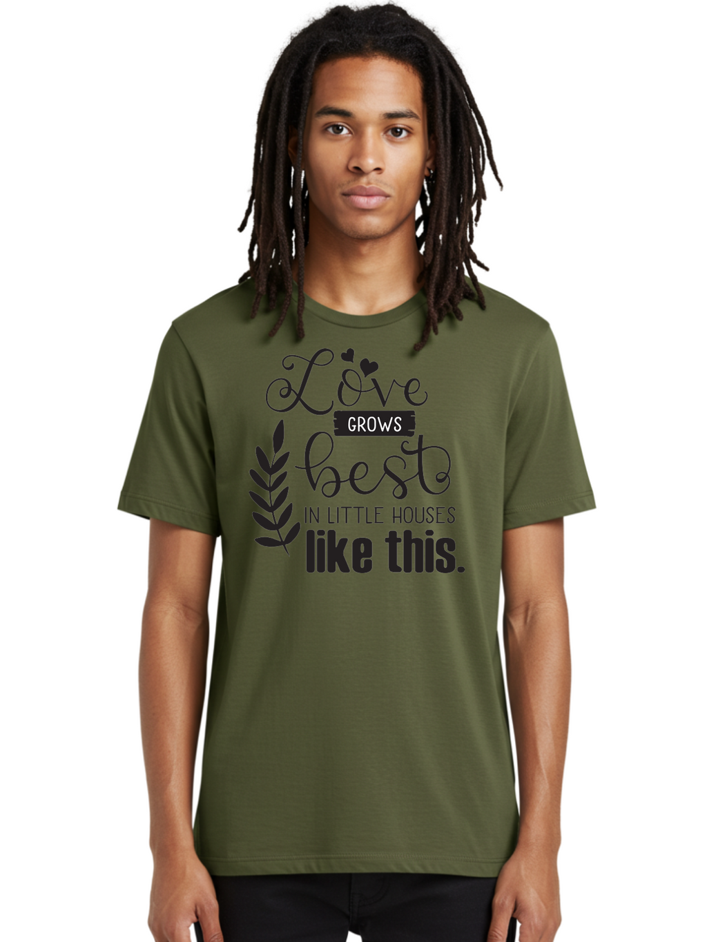 Love-Grows-Best Men'S Graphic Tee, 100% Cotton, Comfortable Casual Summer Wear, Machine Washable, Love Grows Best In Little Houses, Home Decor, Typography Art, Inspirational Quotes, Minimalist Design, Cozy Living, Leaf Motifs Aac973