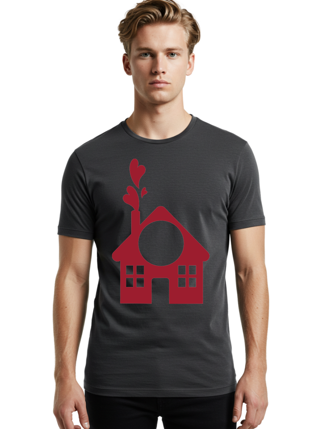 Love-Home Men'S Graphic Tee, 100% Cotton, Comfortable Casual Summer Wear, Machine Washable, Cozy Home, Red House, Heart Shaped Leaves, Chimney With Hearts, Simple Home Design, Modern House Illustration, Love Symbol, Heartwarming Home, Aac974