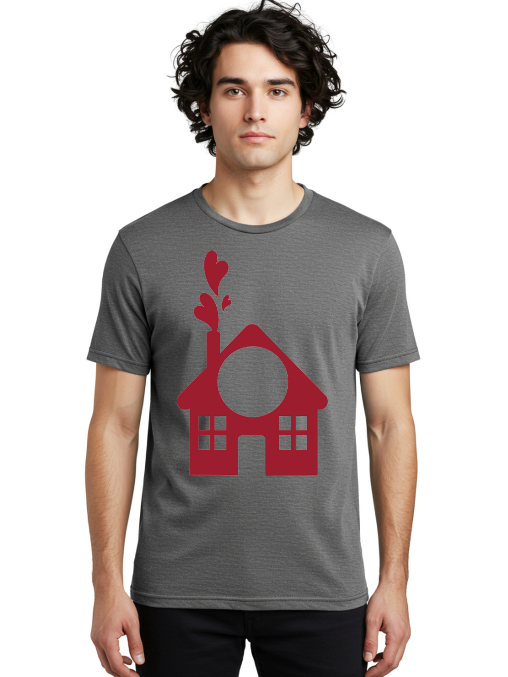 Love-Home Men'S Graphic Tee, 100% Cotton, Comfortable Casual Summer Wear, Machine Washable, Cozy Home, Red House, Heart Shaped Leaves, Chimney With Hearts, Simple Home Design, Modern House Illustration, Love Symbol, Heartwarming Home, Aac974