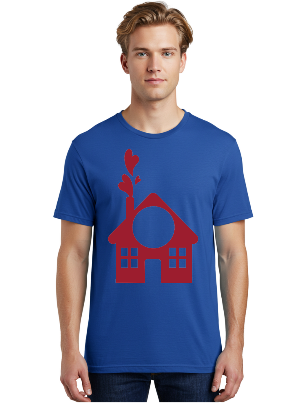 Love-Home Men'S Graphic Tee, 100% Cotton, Comfortable Casual Summer Wear, Machine Washable, Cozy Home, Red House, Heart Shaped Leaves, Chimney With Hearts, Simple Home Design, Modern House Illustration, Love Symbol, Heartwarming Home, Aac974