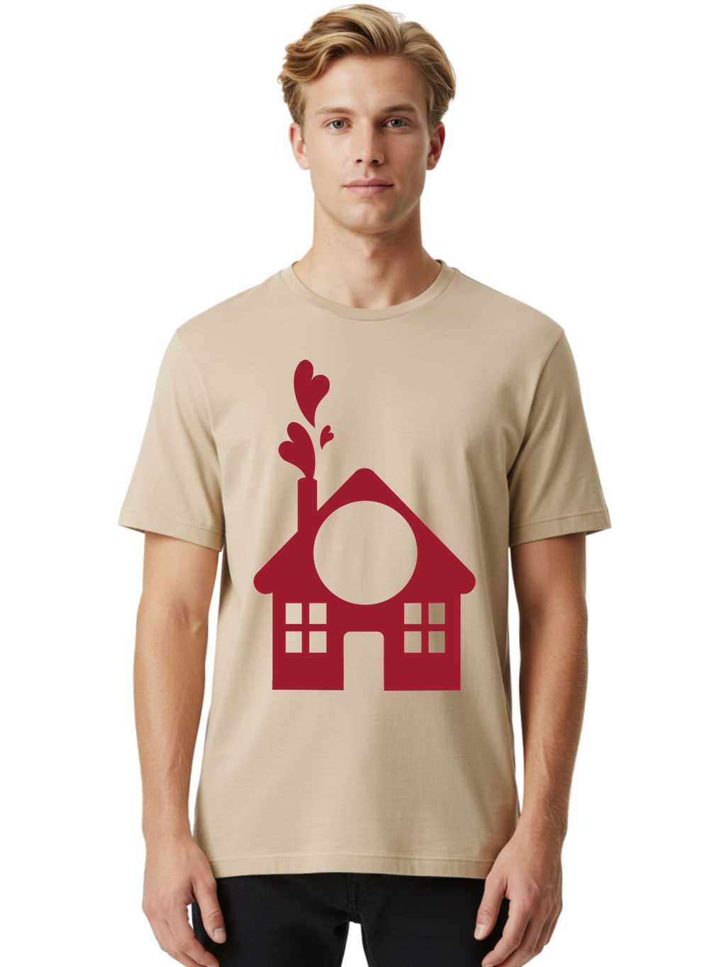 Love-Home Men'S Graphic Tee, 100% Cotton, Comfortable Casual Summer Wear, Machine Washable, Cozy Home, Red House, Heart Shaped Leaves, Chimney With Hearts, Simple Home Design, Modern House Illustration, Love Symbol, Heartwarming Home, Aac974