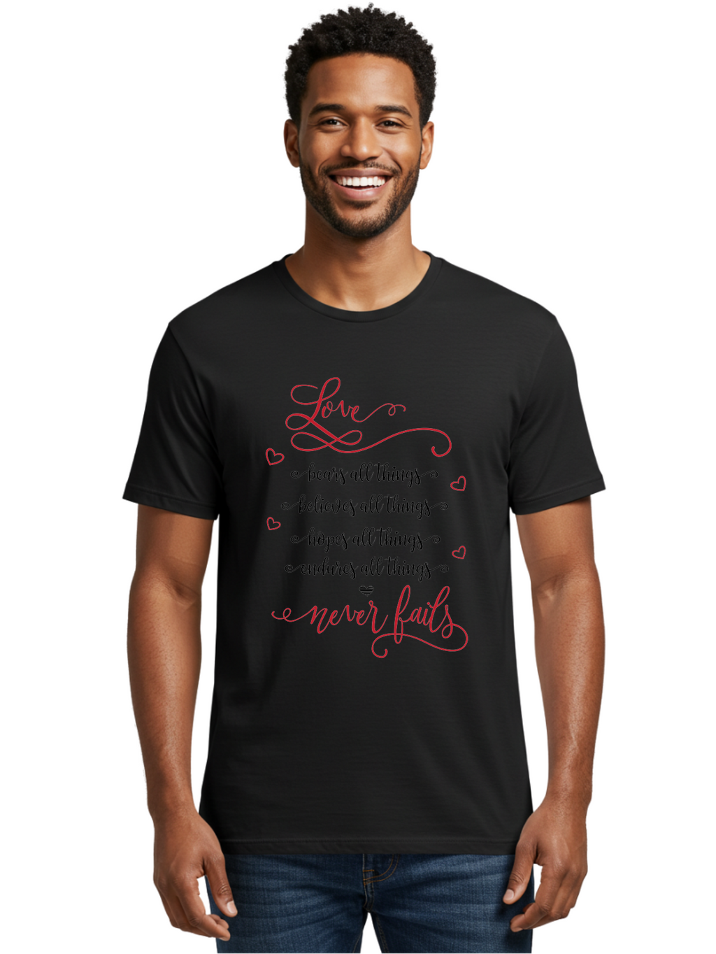 Love-Never-Fails Men'S Graphic Tee, 100% Cotton, Comfortable Casual Summer Wear, Machine Washable, Love Quote, Inspirational Quote, Positive Affirmation, Heartwarming Message, Faith, Hope, Charity, 1 Corinthians 13:8 Aac980