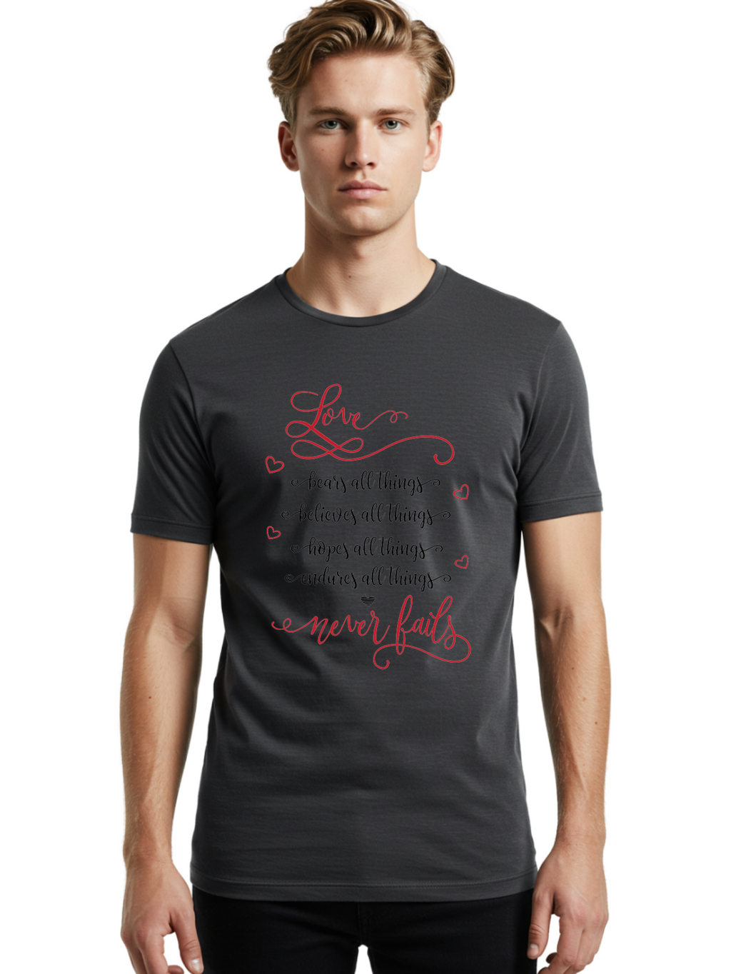 Love-Never-Fails Men'S Graphic Tee, 100% Cotton, Comfortable Casual Summer Wear, Machine Washable, Love Quote, Inspirational Quote, Positive Affirmation, Heartwarming Message, Faith, Hope, Charity, 1 Corinthians 13:8 Aac980
