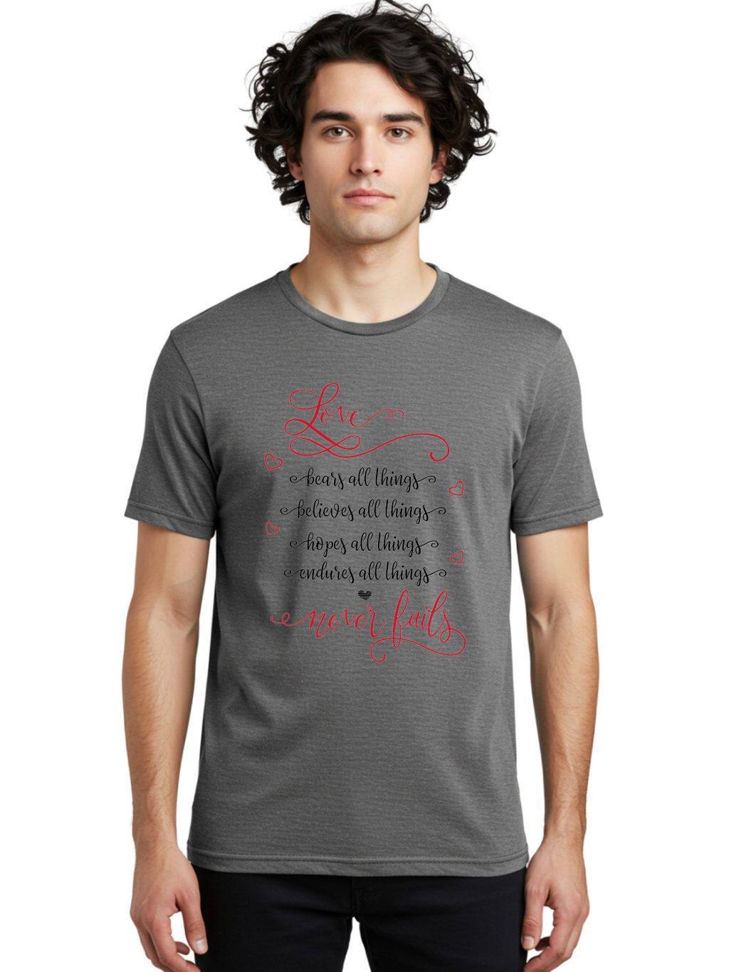 Love-Never-Fails Men'S Graphic Tee, 100% Cotton, Comfortable Casual Summer Wear, Machine Washable, Love Quote, Inspirational Quote, Positive Affirmation, Heartwarming Message, Faith, Hope, Charity, 1 Corinthians 13:8 Aac980
