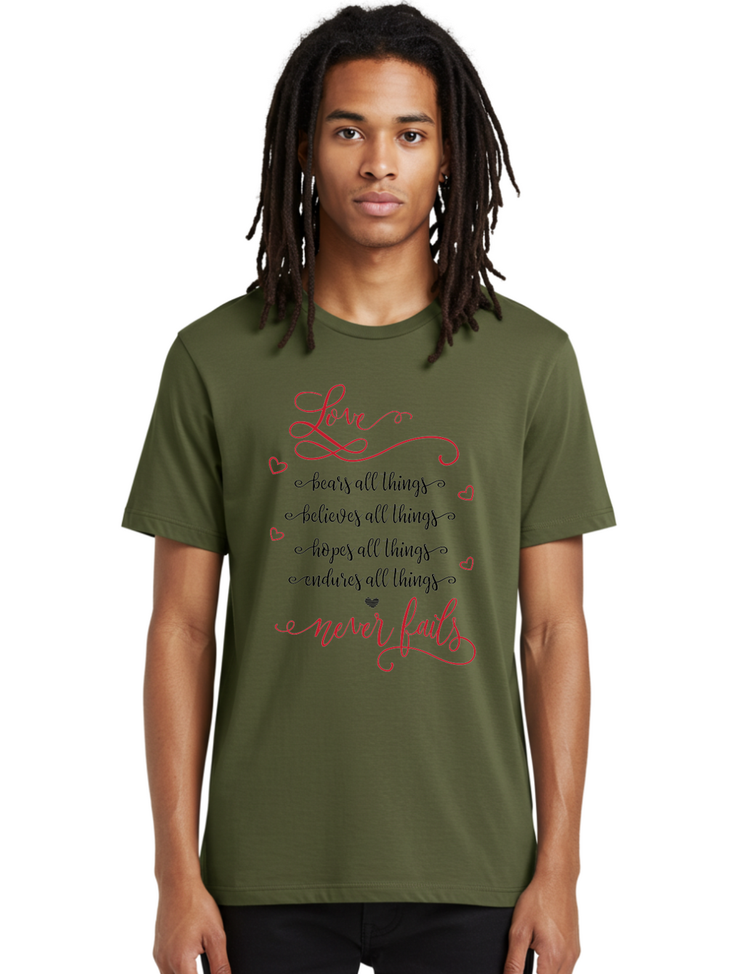 Love-Never-Fails Men'S Graphic Tee, 100% Cotton, Comfortable Casual Summer Wear, Machine Washable, Love Quote, Inspirational Quote, Positive Affirmation, Heartwarming Message, Faith, Hope, Charity, 1 Corinthians 13:8 Aac980
