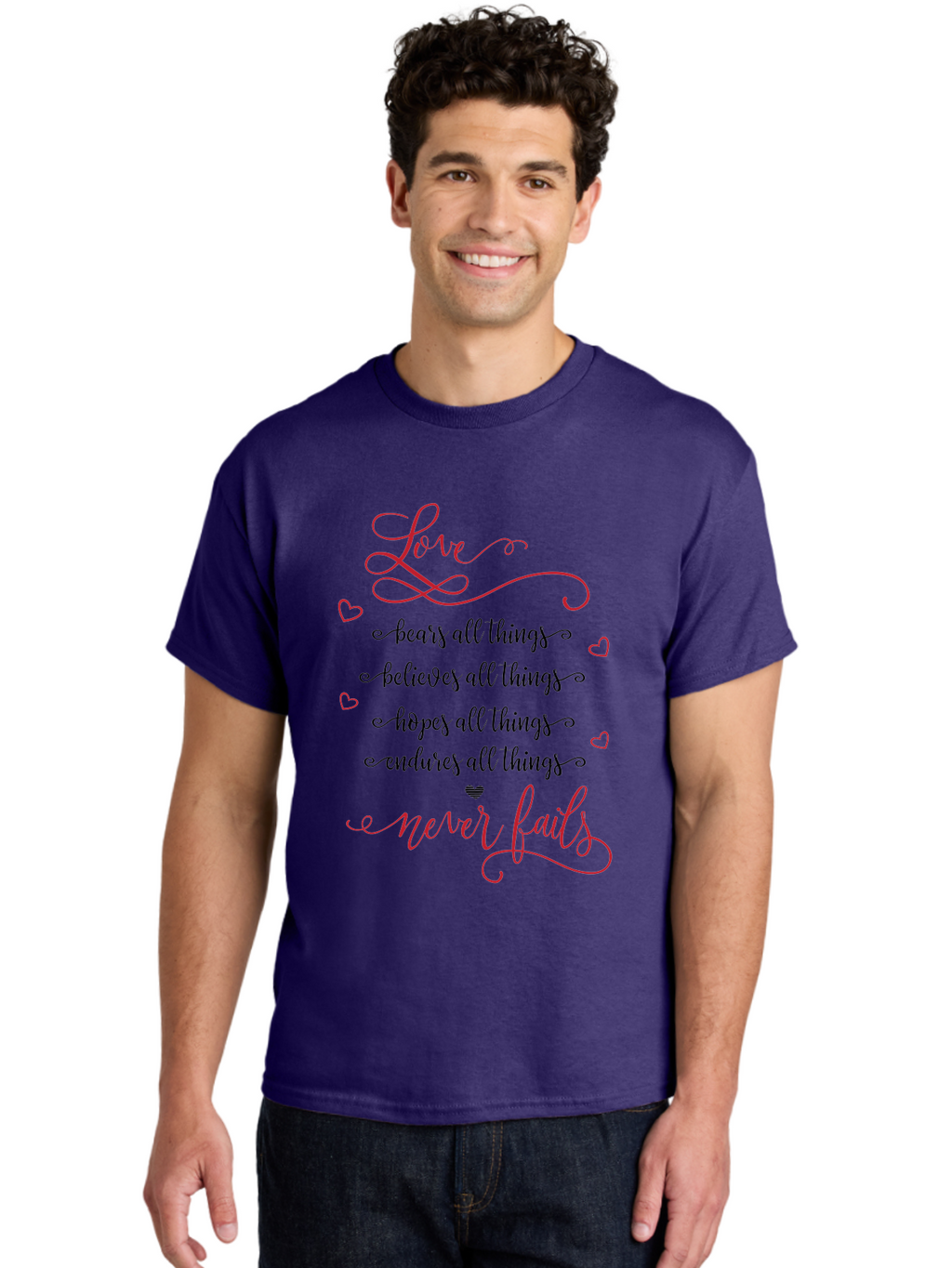 Love-Never-Fails Men'S Graphic Tee, 100% Cotton, Comfortable Casual Summer Wear, Machine Washable, Love Quote, Inspirational Quote, Positive Affirmation, Heartwarming Message, Faith, Hope, Charity, 1 Corinthians 13:8 Aac980
