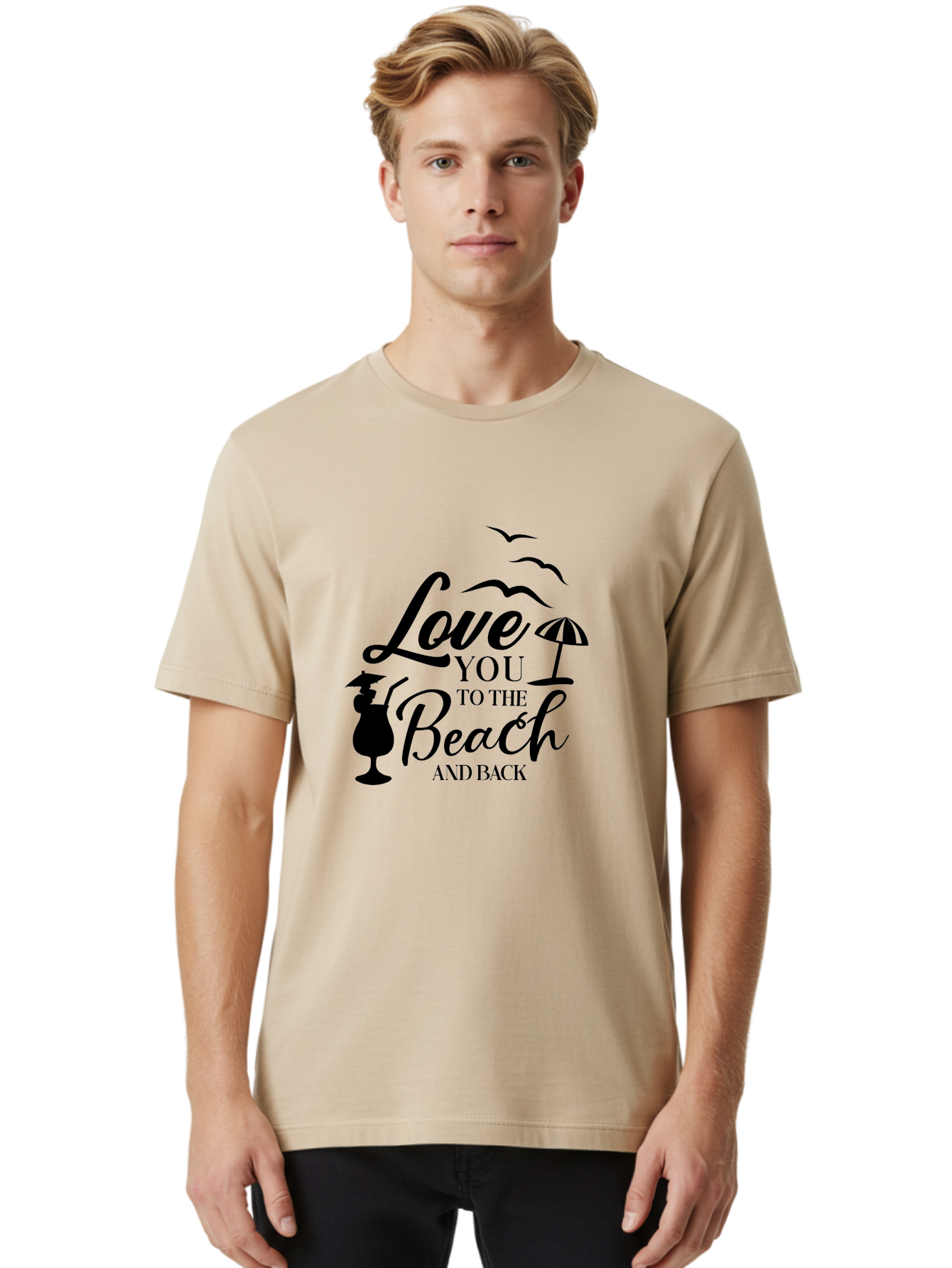 Love-You-To-The-Beach-And-Back Men'S Graphic Tee, 100% Cotton, Comfortable Casual Summer Wear, Machine Washable, Beach Love Quote, Seaside Charm, Coastal Vibes, Summer Romance, Tropical Getaway, Ocean Breeze, Birds Flying, Aac981