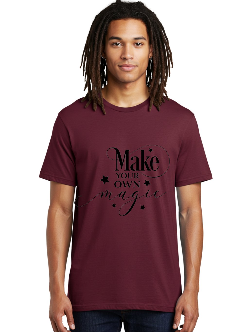 Make-Your-Own-Magic Men'S Graphic Tee, 100% Cotton, Comfortable Casual Summer Wear, Machine Washable, Inspirational Quote, Motivational Phrase, Magic Spell, Stars Decoration, Typography Art, Positive Vibes, Empowerment Message, Mystical Charm Aac988