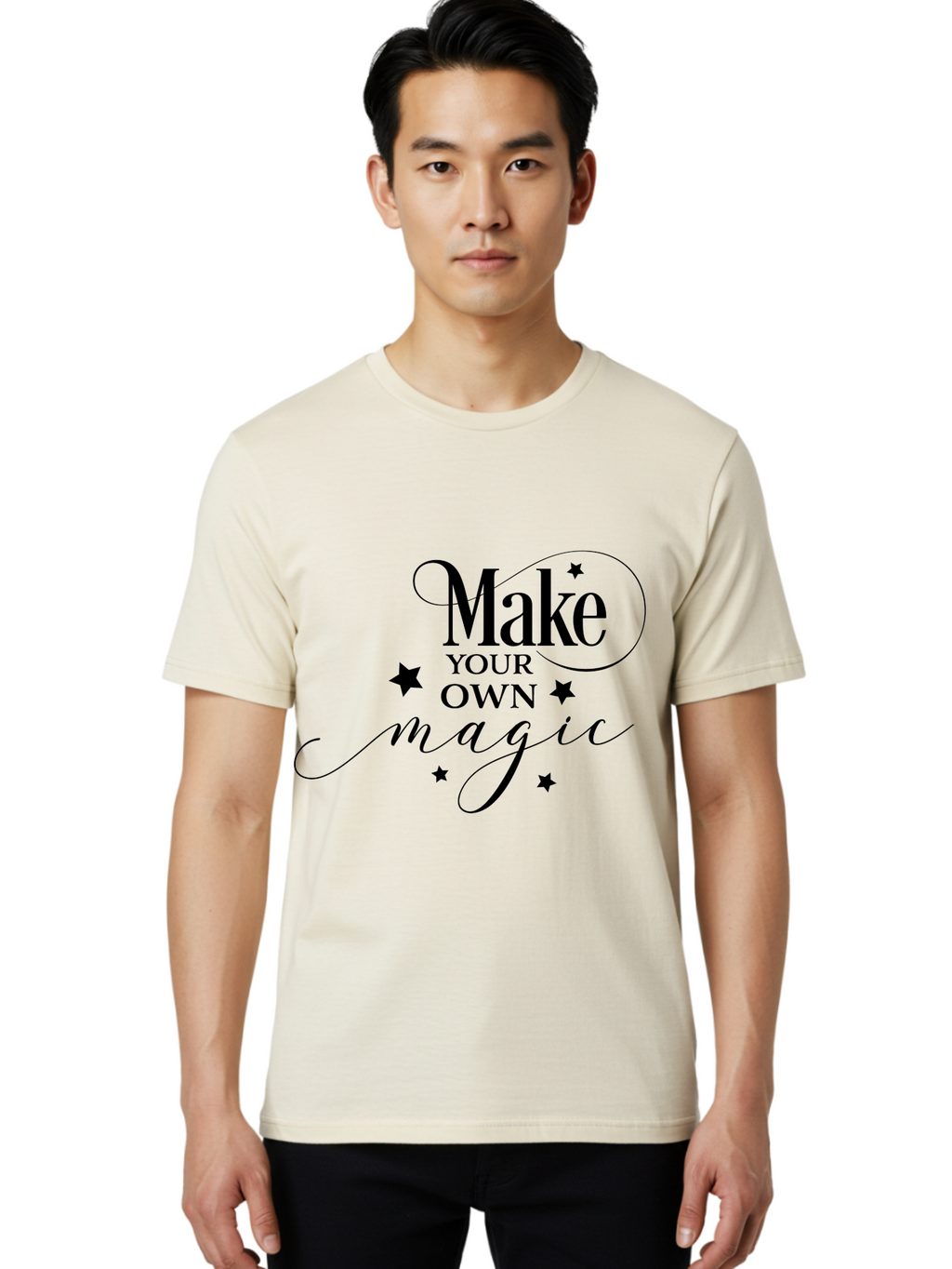 Make-Your-Own-Magic Men'S Graphic Tee, 100% Cotton, Comfortable Casual Summer Wear, Machine Washable, Inspirational Quote, Motivational Phrase, Magic Spell, Stars Decoration, Typography Art, Positive Vibes, Empowerment Message, Mystical Charm Aac988