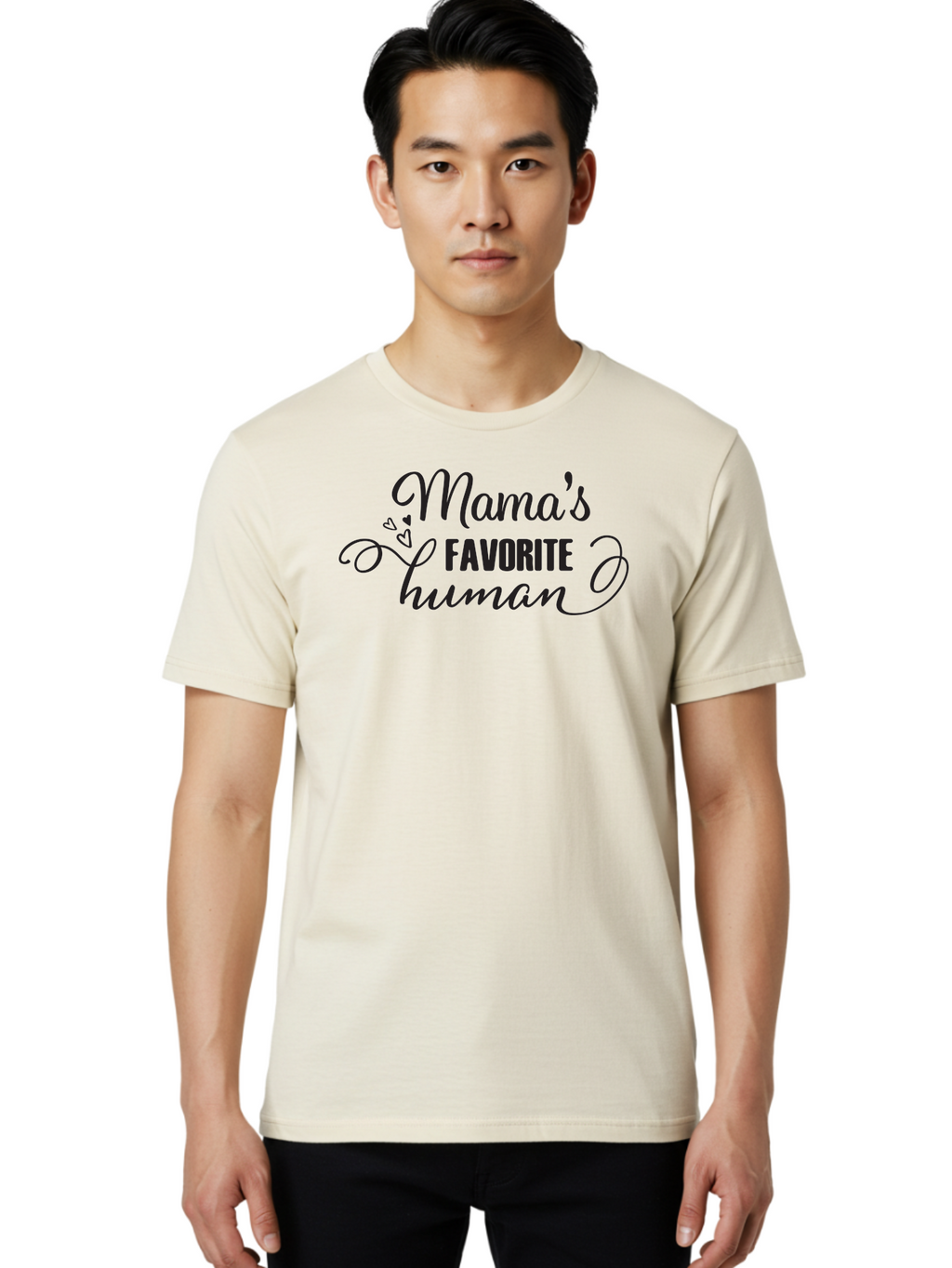 Mama-S-Favorite-Human Men'S Graphic Tee, 100% Cotton, Comfortable Casual Summer Wear, Machine Washable, Mama'S Favorite Human, Heartwarming Phrase, Cursive Font, Decorative Hearts, Favorite Child, Mother'S Love, Family Bonding, Aac993