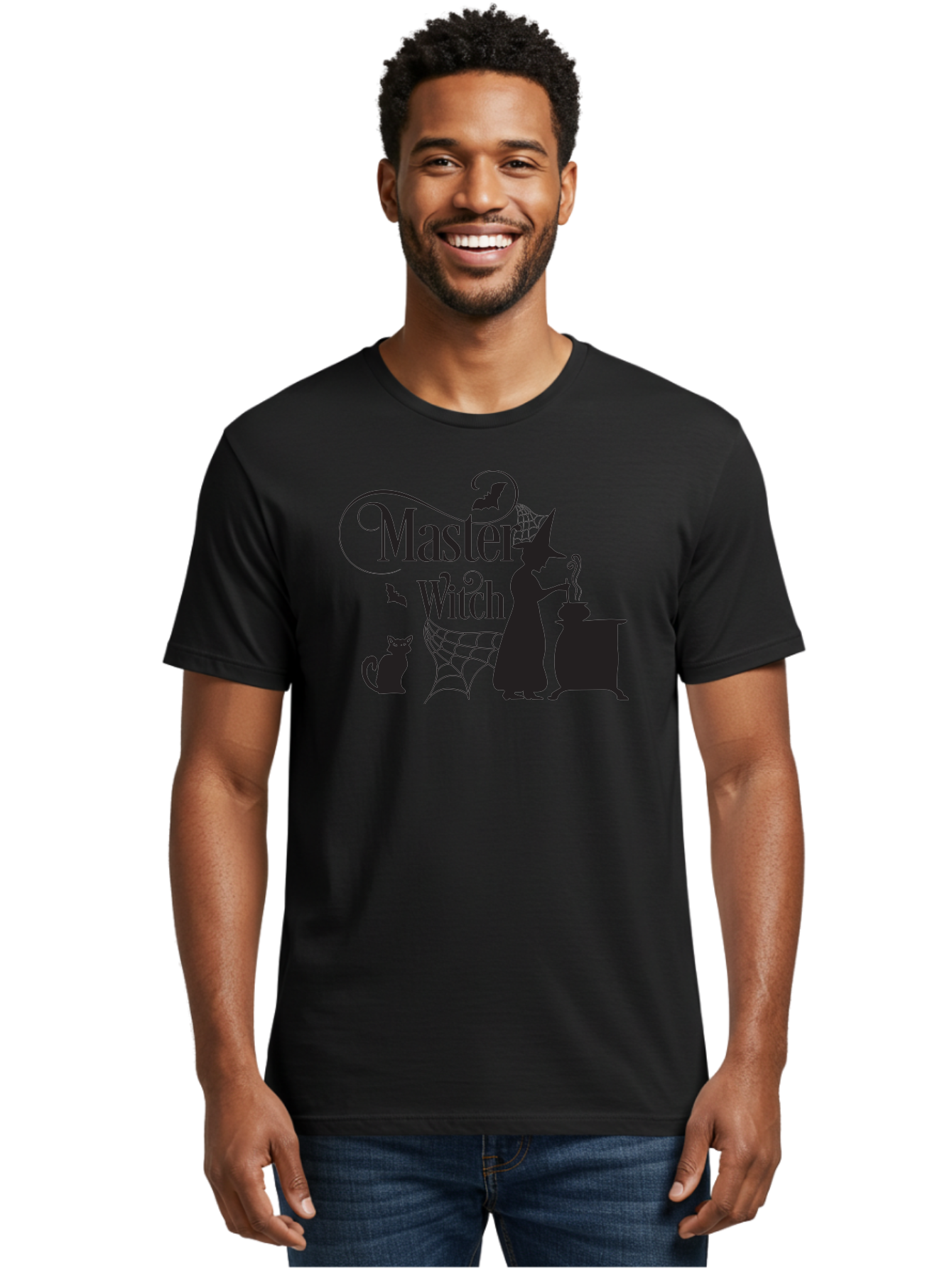 Master-Witch Men'S Graphic Tee, 100% Cotton, Comfortable Casual Summer Wear, Machine Washable, Witch Silhouette, Cauldron, Black Cat, Spider Web, Bats, Mystical Symbols, Witchcraft, Magic, Halloween Theme, Spooky Atmosphere, Mysterious, Aac994