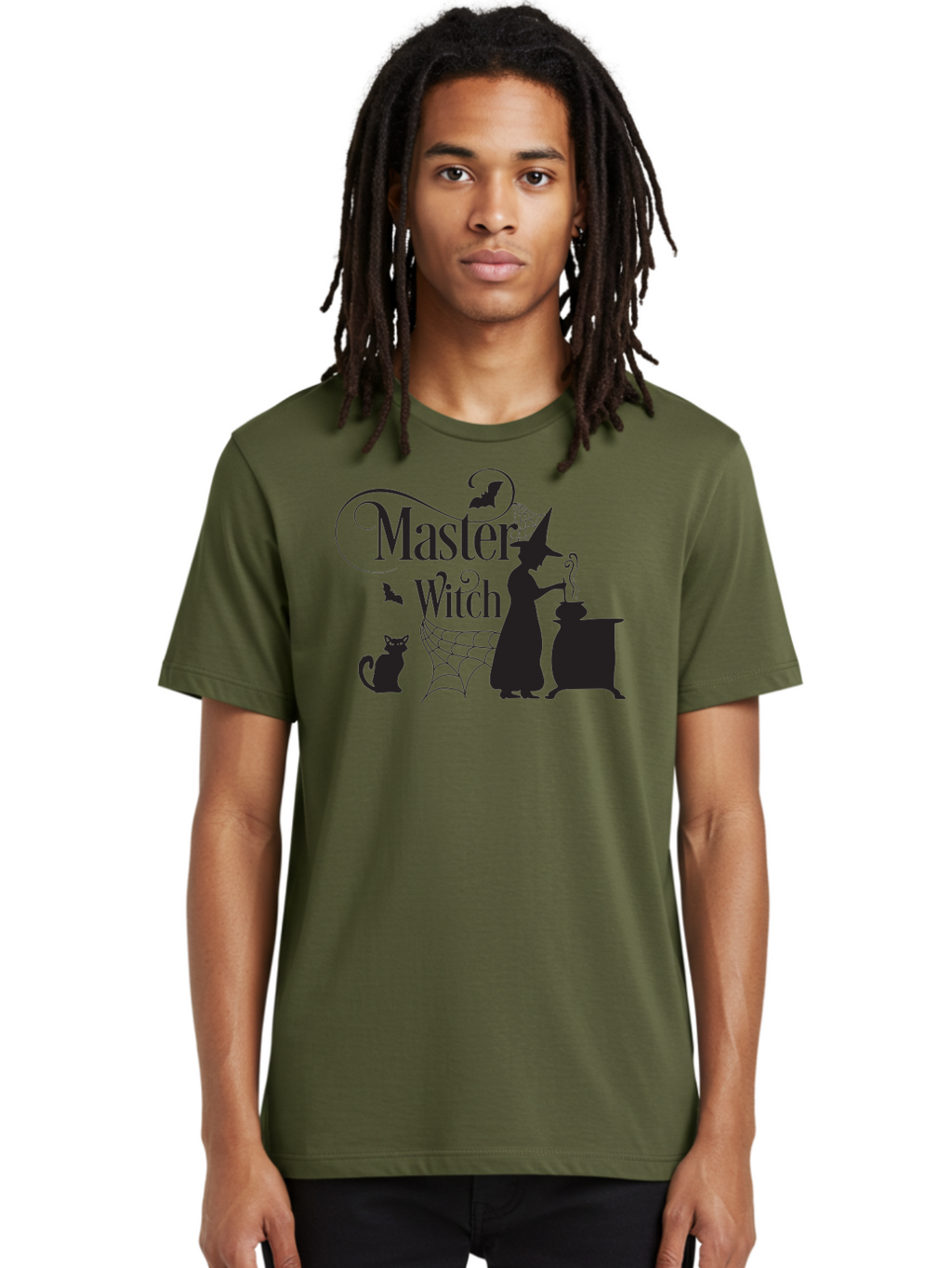 Master-Witch Men'S Graphic Tee, 100% Cotton, Comfortable Casual Summer Wear, Machine Washable, Witch Silhouette, Cauldron, Black Cat, Spider Web, Bats, Mystical Symbols, Witchcraft, Magic, Halloween Theme, Spooky Atmosphere, Mysterious, Aac994