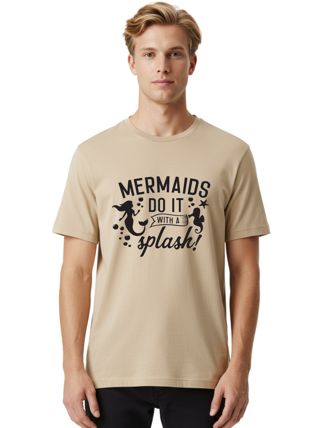Mermaids-Do-It-With-A-Splash Men'S Graphic Tee, 100% Cotton, Comfortable Casual Summer Wear, Machine Washable, Mermaid Silhouettes, Ocean Creatures, Playful Graphics, Whimsical Design, Underwater Theme, Aquatic Life, Fun Phrases, Aad002