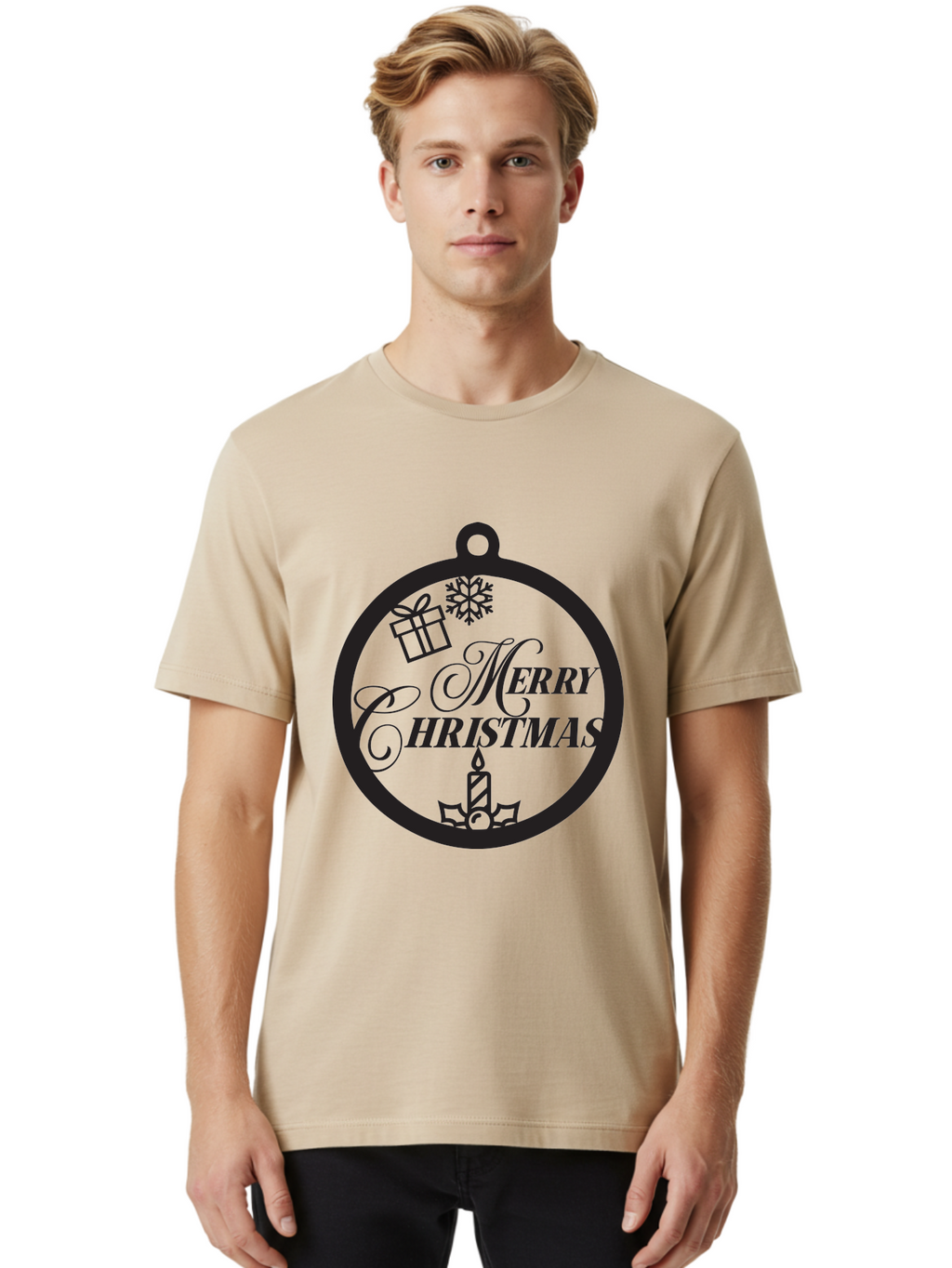 Merry-Christmas Men'S Graphic Tee, 100% Cotton, Comfortable Casual Summer Wear, Machine Washable, Christmas Ornament, Festive Decorations, Holiday Cheer, Merry Christmas Message, Gift Giving, Candlelight, Snowflake, Christmas Gifts, Aad004