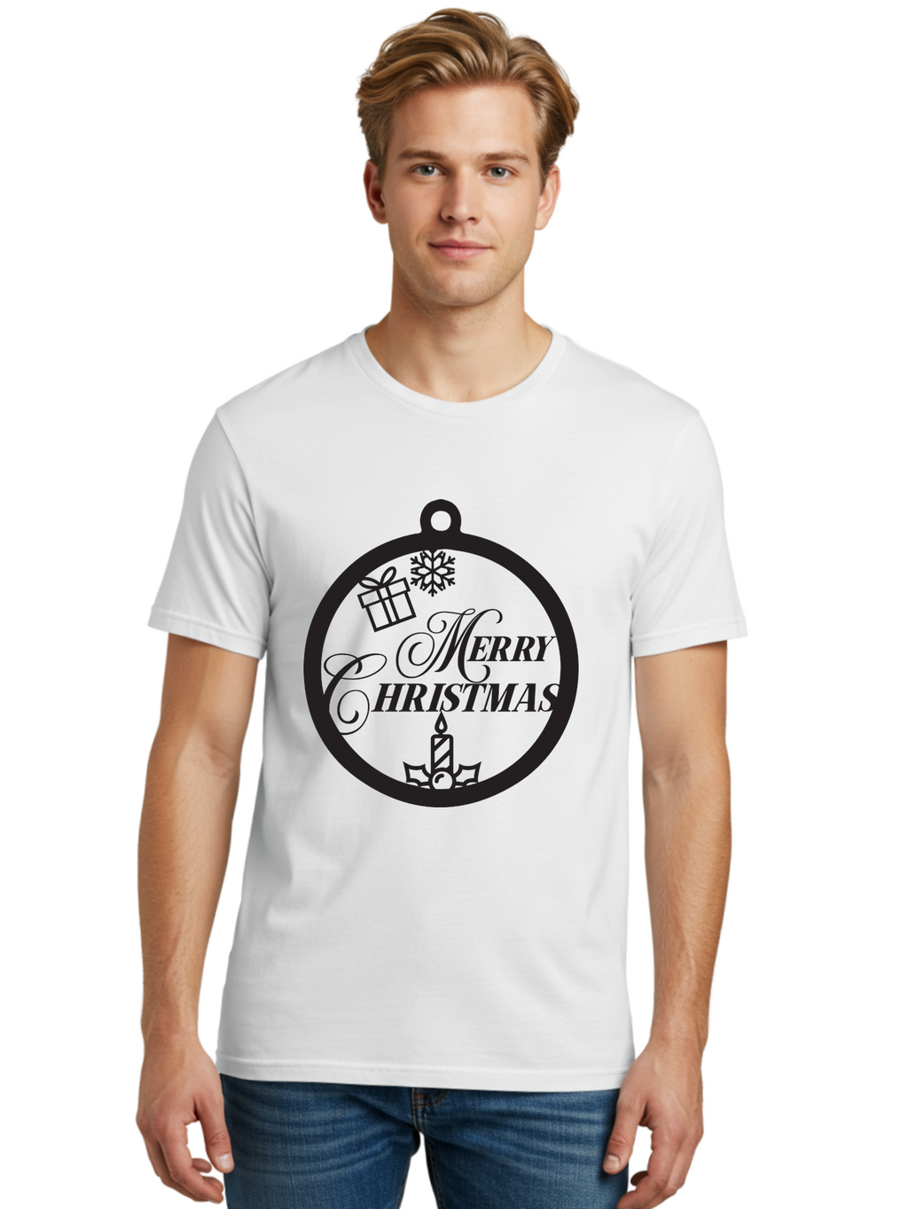 Merry-Christmas Men'S Graphic Tee, 100% Cotton, Comfortable Casual Summer Wear, Machine Washable, Christmas Ornament, Festive Decorations, Holiday Cheer, Merry Christmas Message, Gift Giving, Candlelight, Snowflake, Christmas Gifts, Aad004