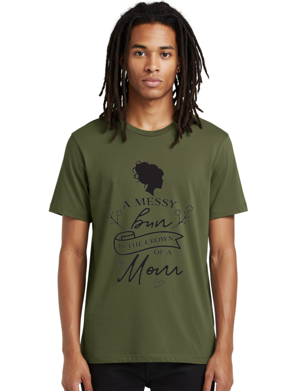 Messy-Bun Men'S Graphic Tee, 100% Cotton, Comfortable Casual Summer Wear, Machine Washable, Messy Bun Hairstyle, Mom Life, Motherhood, Cute Quote, Floral Design, Feminine Charm, Motherly Love, Hair Bun, Inspirational Quote Aad006