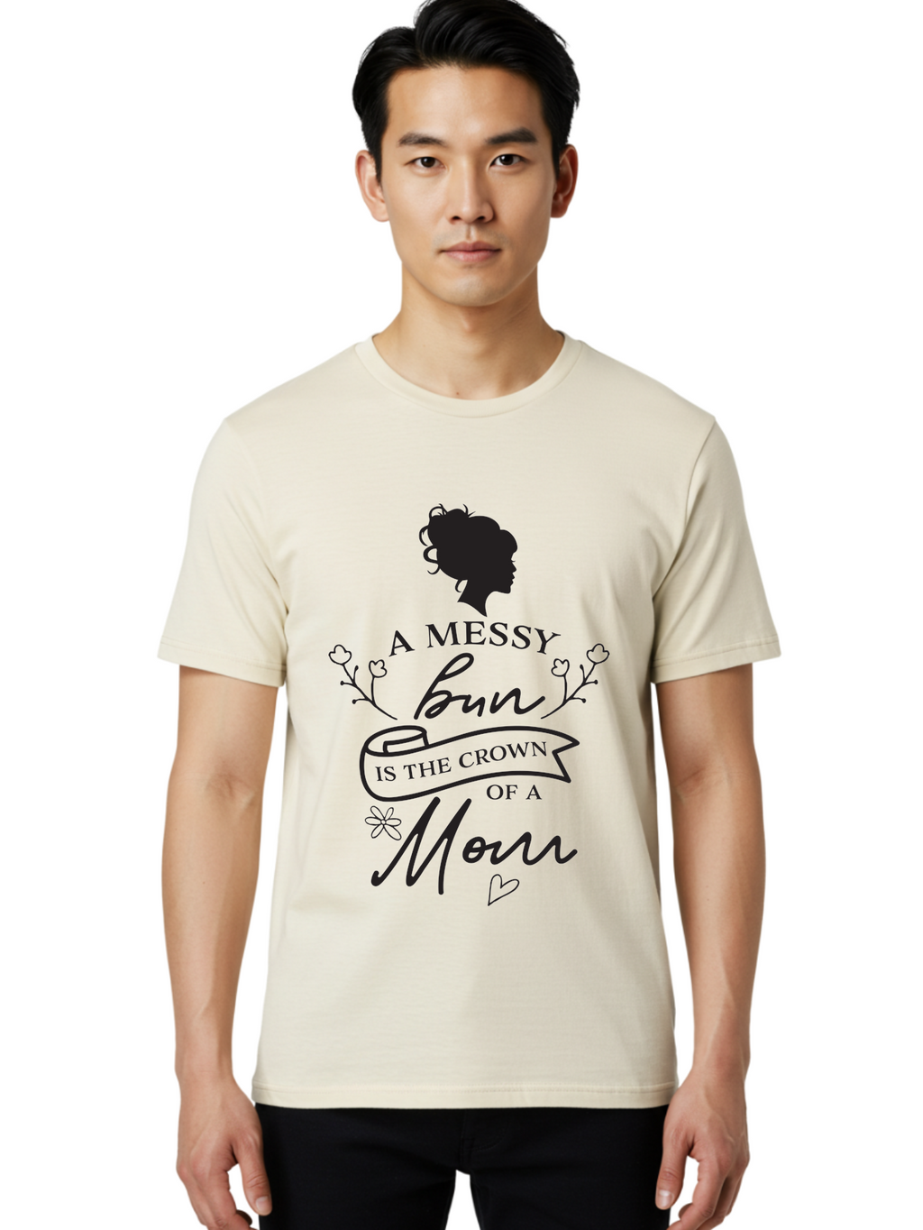 Messy-Bun Men'S Graphic Tee, 100% Cotton, Comfortable Casual Summer Wear, Machine Washable, Messy Bun Hairstyle, Mom Life, Motherhood, Cute Quote, Floral Design, Feminine Charm, Motherly Love, Hair Bun, Inspirational Quote Aad006