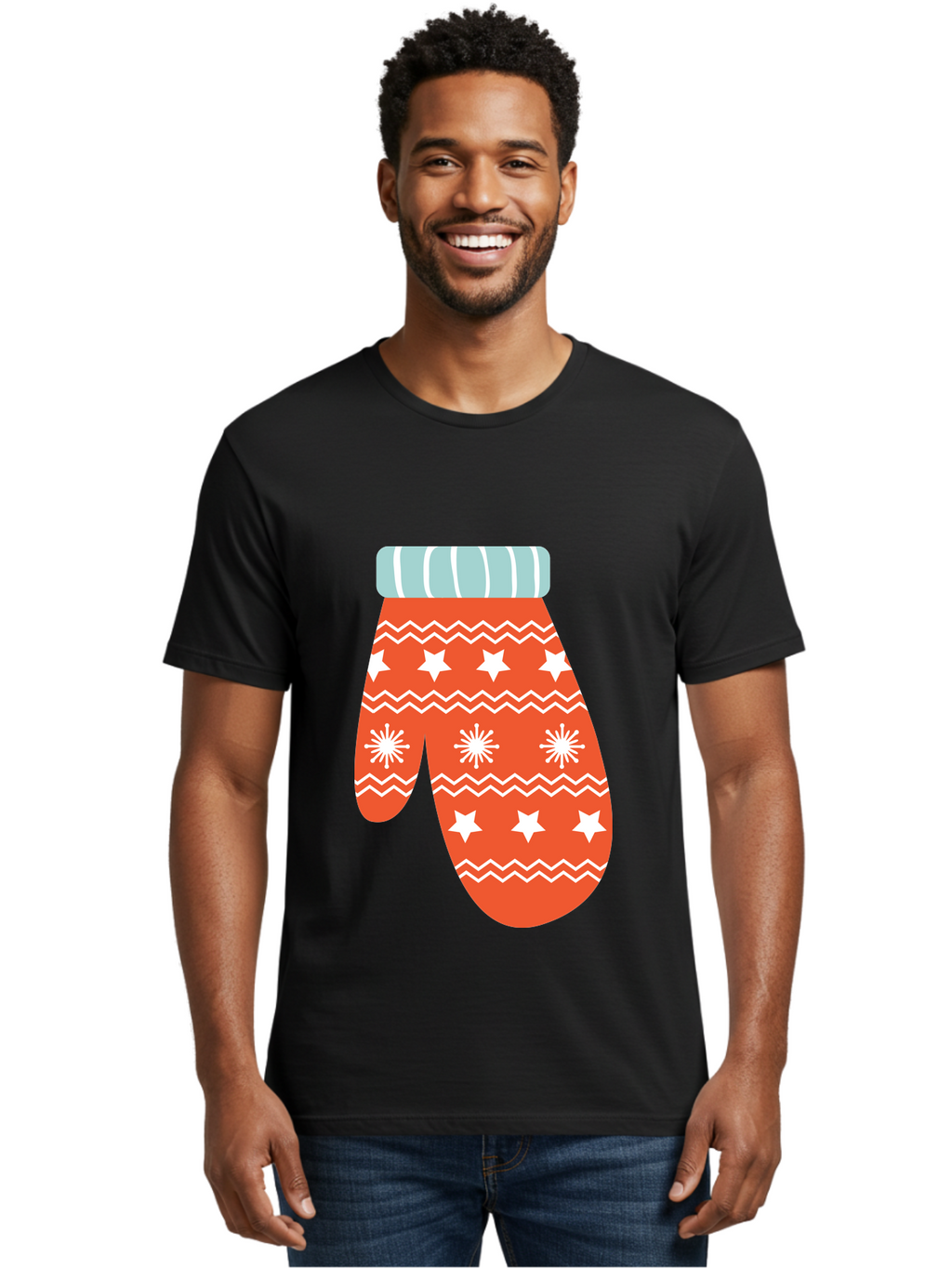 Mitten Men'S Graphic Tee, 100% Cotton, Comfortable Casual Summer Wear, Machine Washable, Red Christmas Mitten, White Snowflakes, White Stars, Zigzag Pattern, Winter Clothing, Holiday Accessories, Festive Design, Cold Weather Gear, Aad009