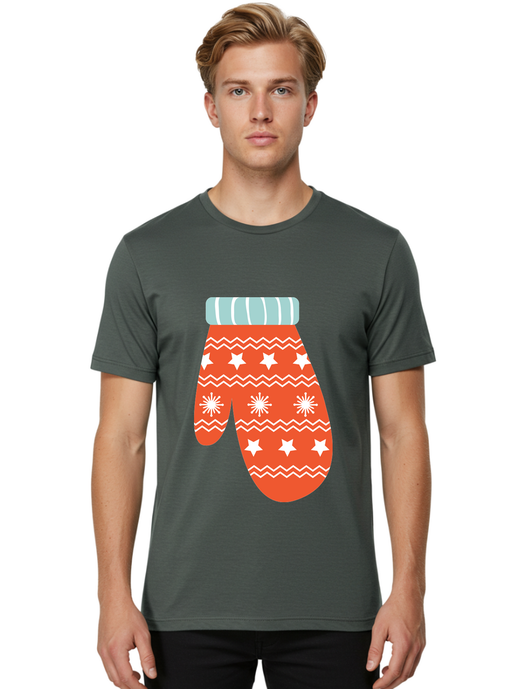 Mitten Men'S Graphic Tee, 100% Cotton, Comfortable Casual Summer Wear, Machine Washable, Red Christmas Mitten, White Snowflakes, White Stars, Zigzag Pattern, Winter Clothing, Holiday Accessories, Festive Design, Cold Weather Gear, Aad009