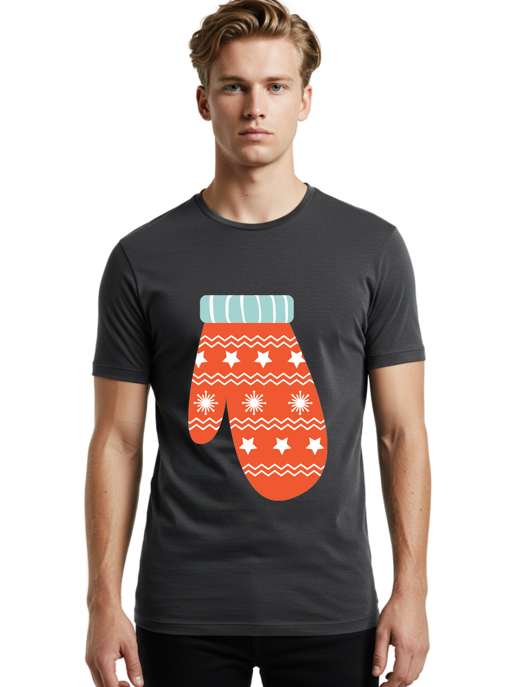 Mitten Men'S Graphic Tee, 100% Cotton, Comfortable Casual Summer Wear, Machine Washable, Red Christmas Mitten, White Snowflakes, White Stars, Zigzag Pattern, Winter Clothing, Holiday Accessories, Festive Design, Cold Weather Gear, Aad009