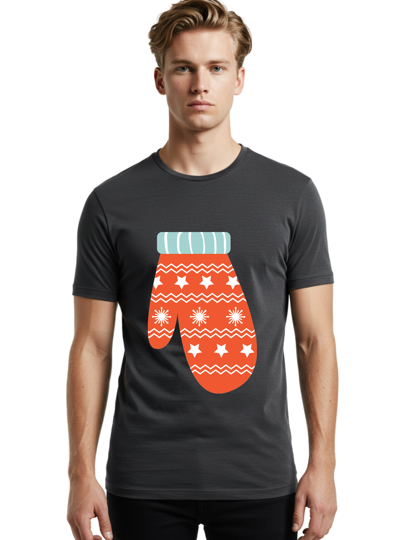 Mitten Men'S Graphic Tee, 100% Cotton, Comfortable Casual Summer Wear, Machine Washable, Red Christmas Mitten, White Snowflakes, White Stars, Zigzag Pattern, Winter Clothing, Holiday Accessories, Festive Design, Cold Weather Gear, Aad009