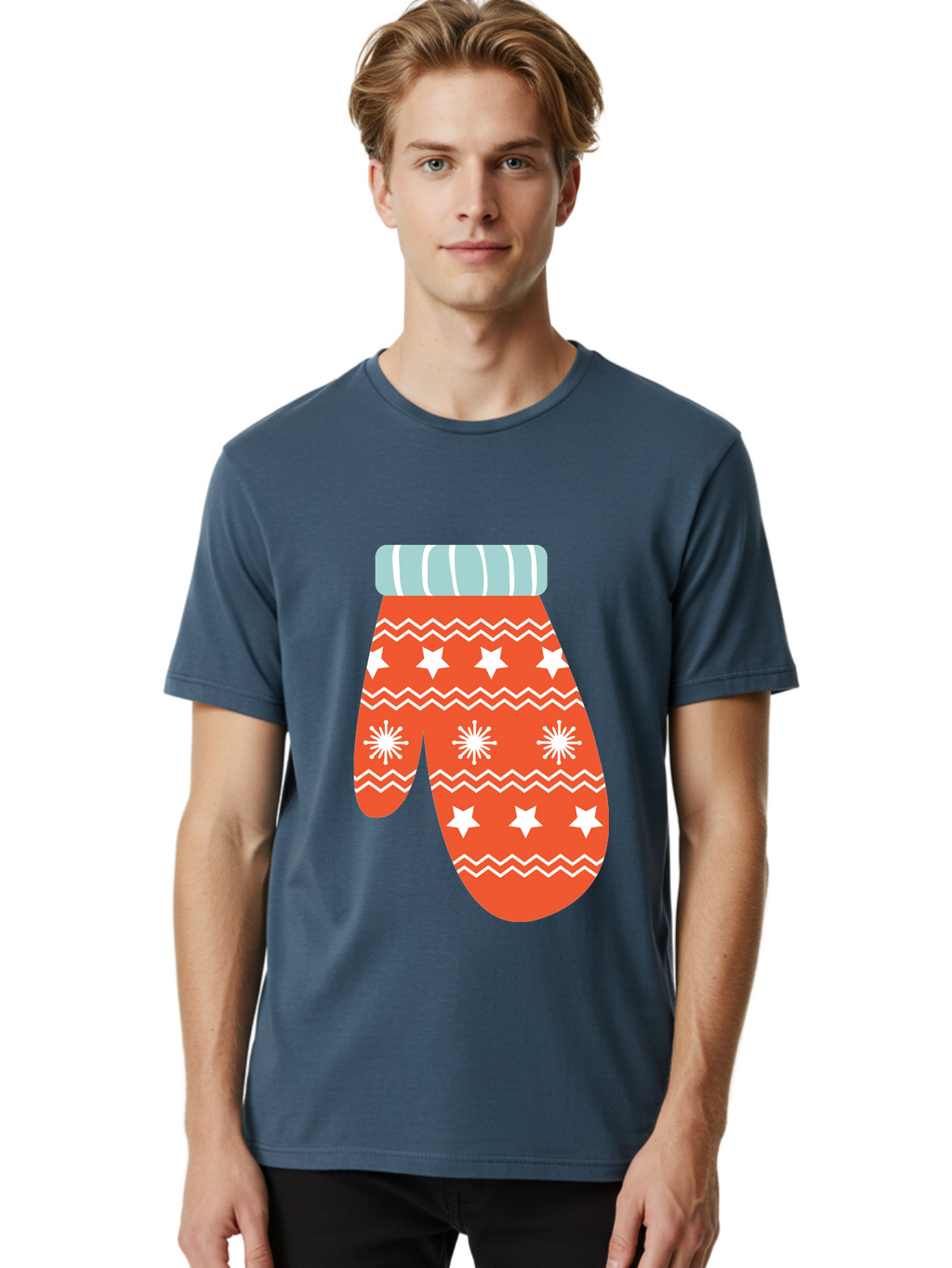 Mitten Men'S Graphic Tee, 100% Cotton, Comfortable Casual Summer Wear, Machine Washable, Red Christmas Mitten, White Snowflakes, White Stars, Zigzag Pattern, Winter Clothing, Holiday Accessories, Festive Design, Cold Weather Gear, Aad009