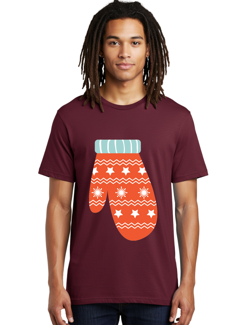 Mitten Men'S Graphic Tee, 100% Cotton, Comfortable Casual Summer Wear, Machine Washable, Red Christmas Mitten, White Snowflakes, White Stars, Zigzag Pattern, Winter Clothing, Holiday Accessories, Festive Design, Cold Weather Gear, Aad009
