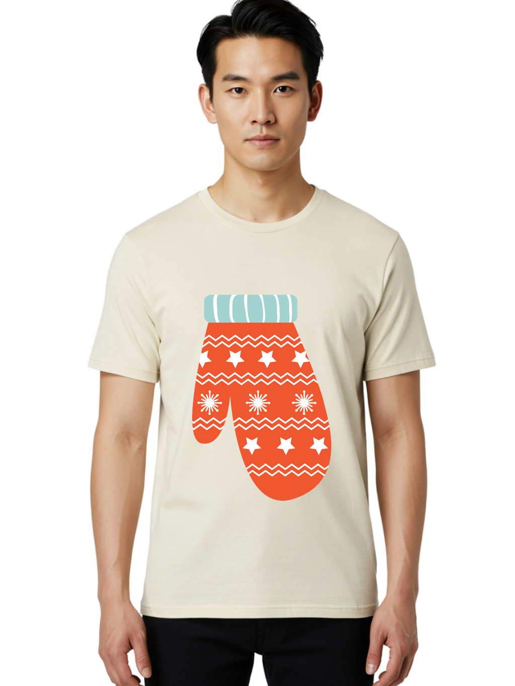 Mitten Men'S Graphic Tee, 100% Cotton, Comfortable Casual Summer Wear, Machine Washable, Red Christmas Mitten, White Snowflakes, White Stars, Zigzag Pattern, Winter Clothing, Holiday Accessories, Festive Design, Cold Weather Gear, Aad009