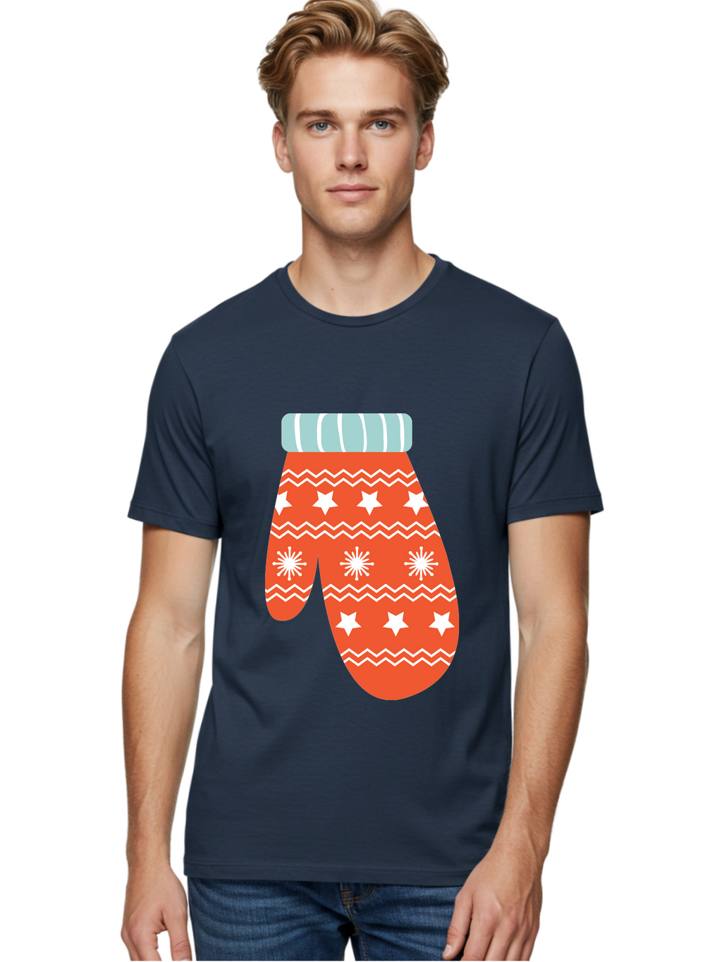 Mitten Men'S Graphic Tee, 100% Cotton, Comfortable Casual Summer Wear, Machine Washable, Red Christmas Mitten, White Snowflakes, White Stars, Zigzag Pattern, Winter Clothing, Holiday Accessories, Festive Design, Cold Weather Gear, Aad009