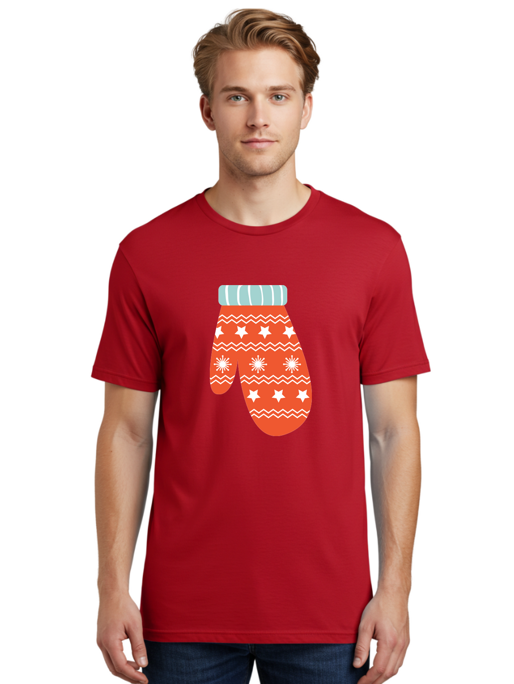 Mitten Men'S Graphic Tee, 100% Cotton, Comfortable Casual Summer Wear, Machine Washable, Red Christmas Mitten, White Snowflakes, White Stars, Zigzag Pattern, Winter Clothing, Holiday Accessories, Festive Design, Cold Weather Gear, Aad009