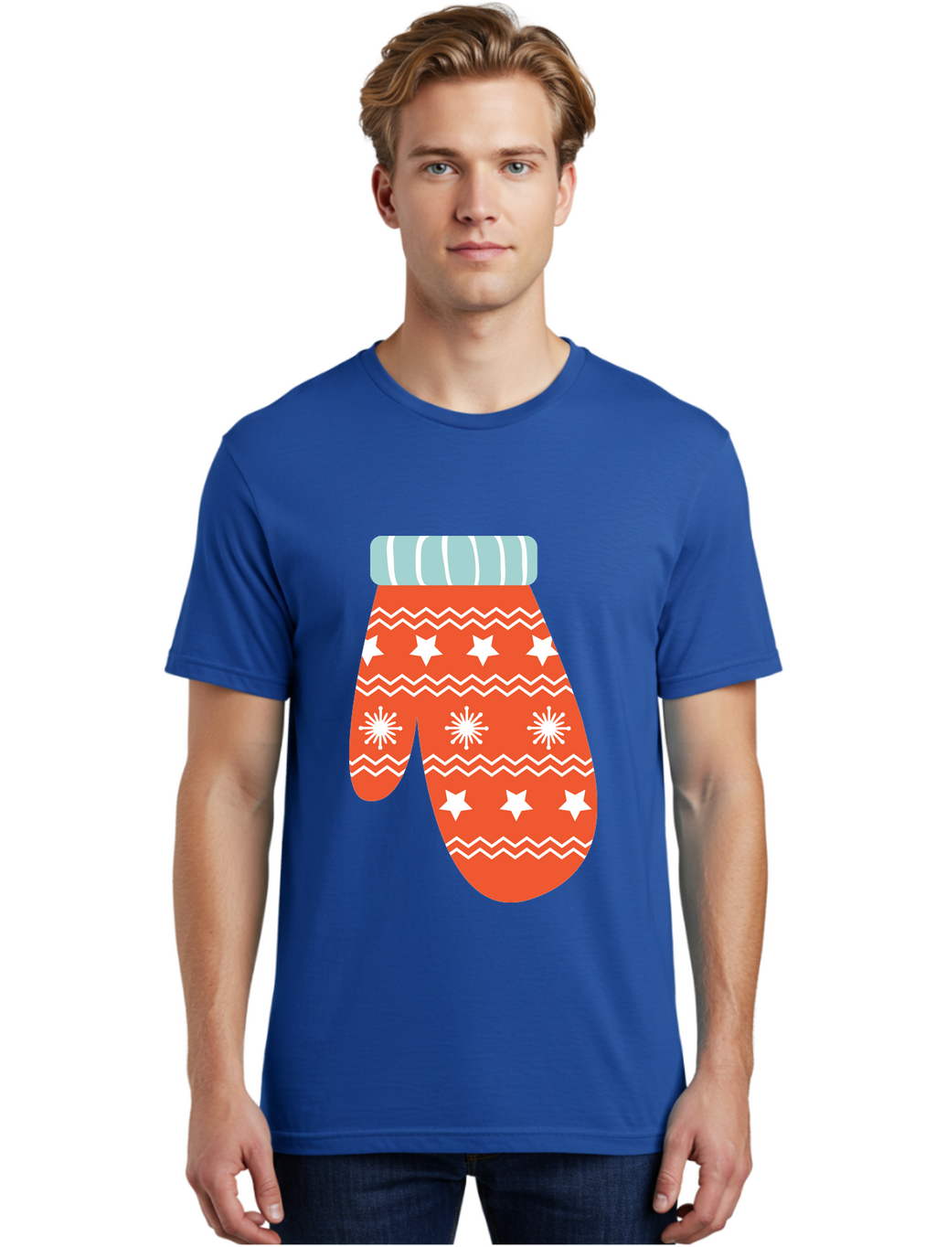 Mitten Men'S Graphic Tee, 100% Cotton, Comfortable Casual Summer Wear, Machine Washable, Red Christmas Mitten, White Snowflakes, White Stars, Zigzag Pattern, Winter Clothing, Holiday Accessories, Festive Design, Cold Weather Gear, Aad009