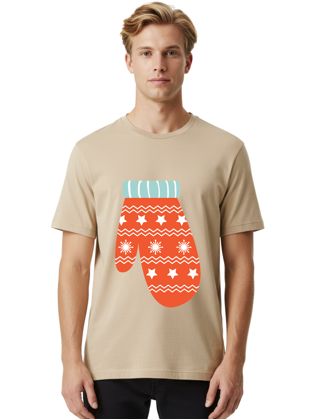 Mitten Men'S Graphic Tee, 100% Cotton, Comfortable Casual Summer Wear, Machine Washable, Red Christmas Mitten, White Snowflakes, White Stars, Zigzag Pattern, Winter Clothing, Holiday Accessories, Festive Design, Cold Weather Gear, Aad009