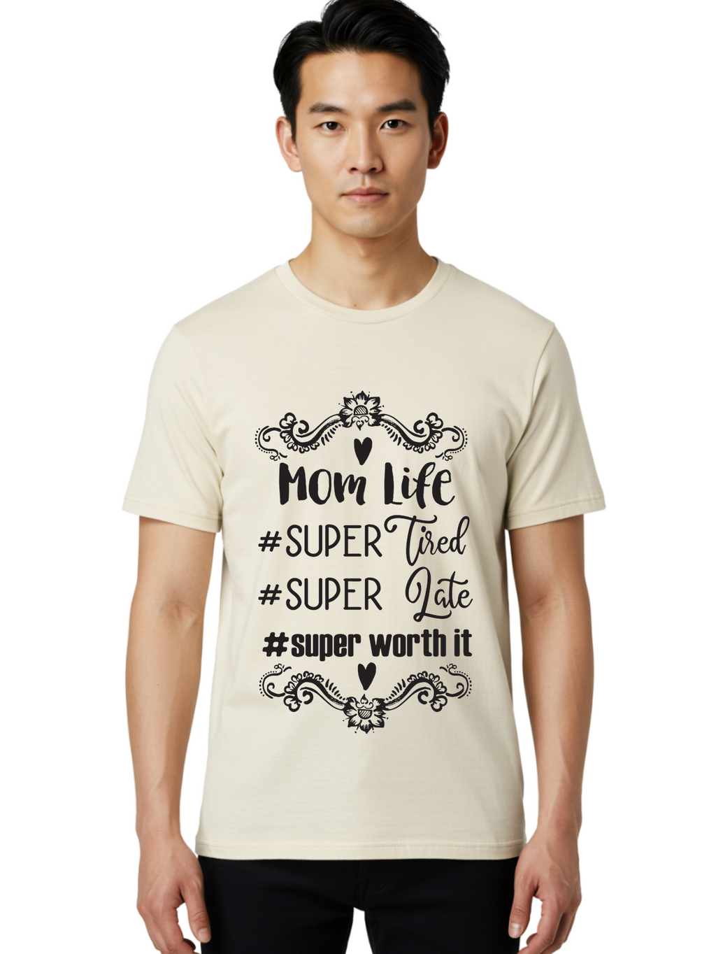 Mom-Life Men'S Graphic Tee, 100% Cotton, Comfortable Casual Summer Wear, Machine Washable, Mom Life, Motherhood, Parenting, Parenting Quote, Super Tired, Super Late, Super Worth It, Motherhood Journey, Mom Quote, Parenting Life Aad013