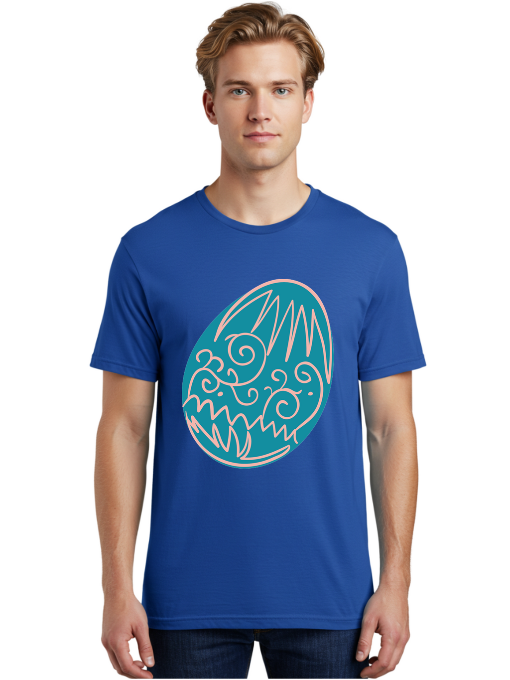 Monster-Egg Men'S Graphic Tee, 100% Cotton, Comfortable Casual Summer Wear, Machine Washable, Monster Face, Easter Egg, Blue Egg, White Outline, Playful Design, Cartoon Style, Abstract Art, Creative Illustration, Fantasy Creature, Aad020