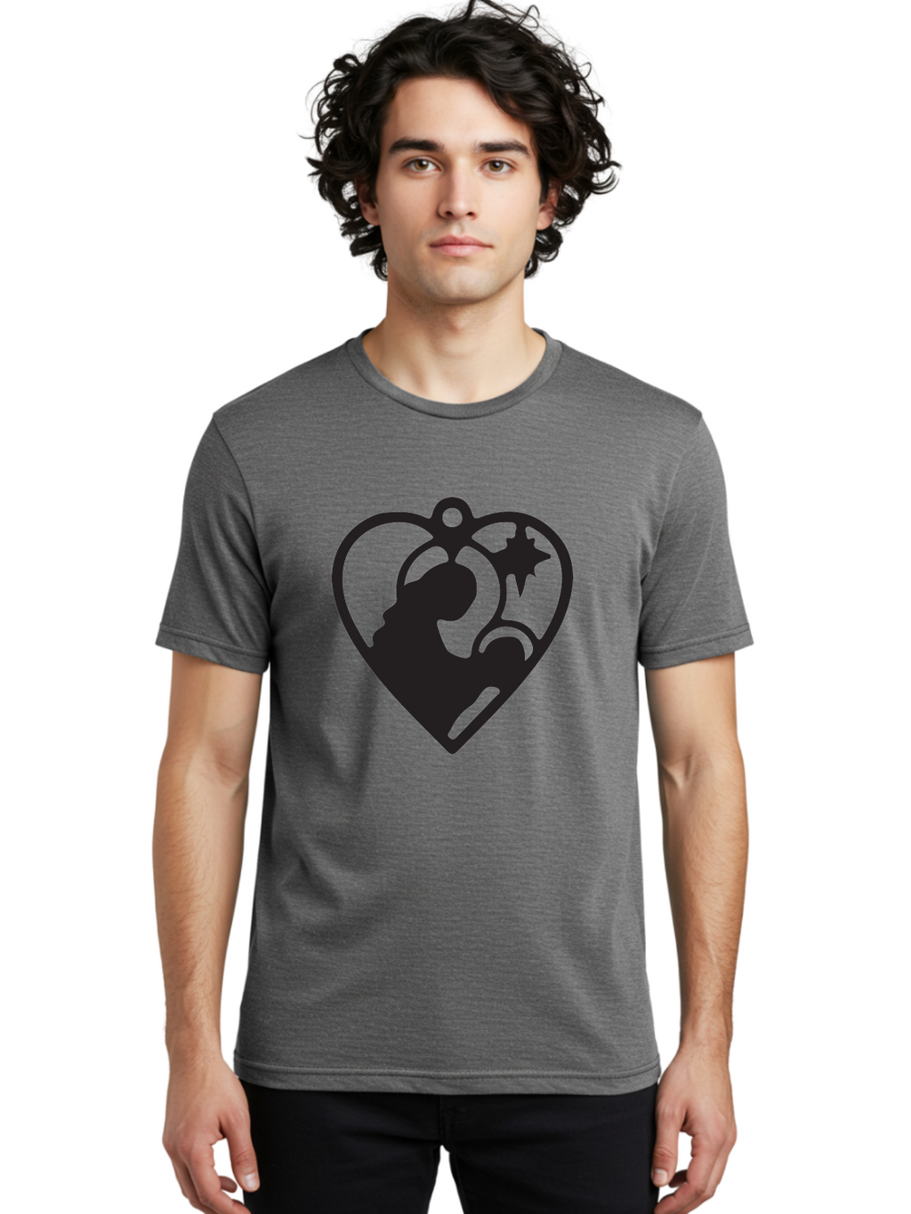 Mother-And-Child Men'S Graphic Tee, 100% Cotton, Comfortable Casual Summer Wear, Machine Washable, Mother And Child Silhouette, Heart-Shaped Ornament, Love Symbol, Family Bond, Nurturing Moment, Star And Crescent Moon Aad021