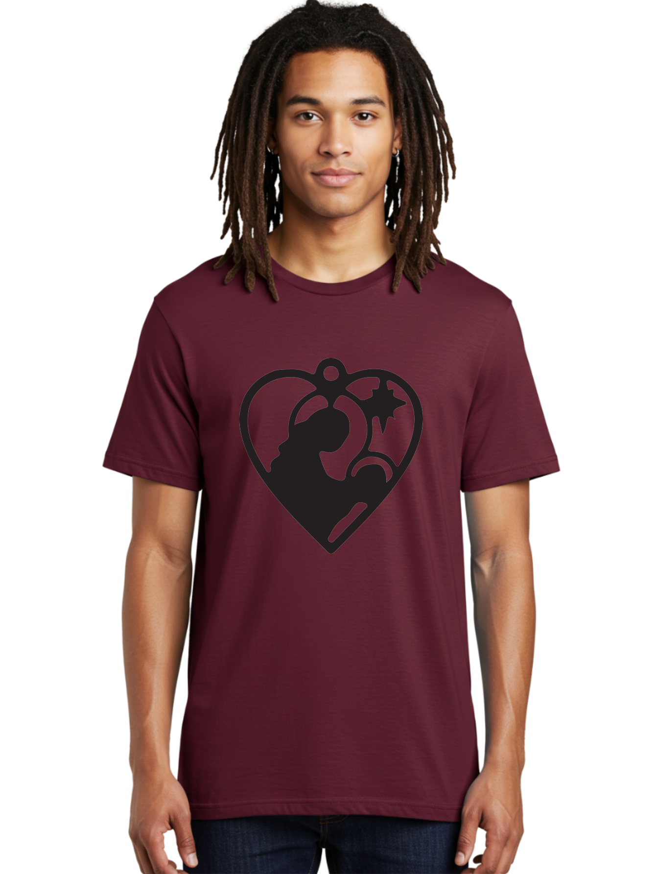 Mother-And-Child Men'S Graphic Tee, 100% Cotton, Comfortable Casual Summer Wear, Machine Washable, Mother And Child Silhouette, Heart-Shaped Ornament, Love Symbol, Family Bond, Nurturing Moment, Star And Crescent Moon Aad021